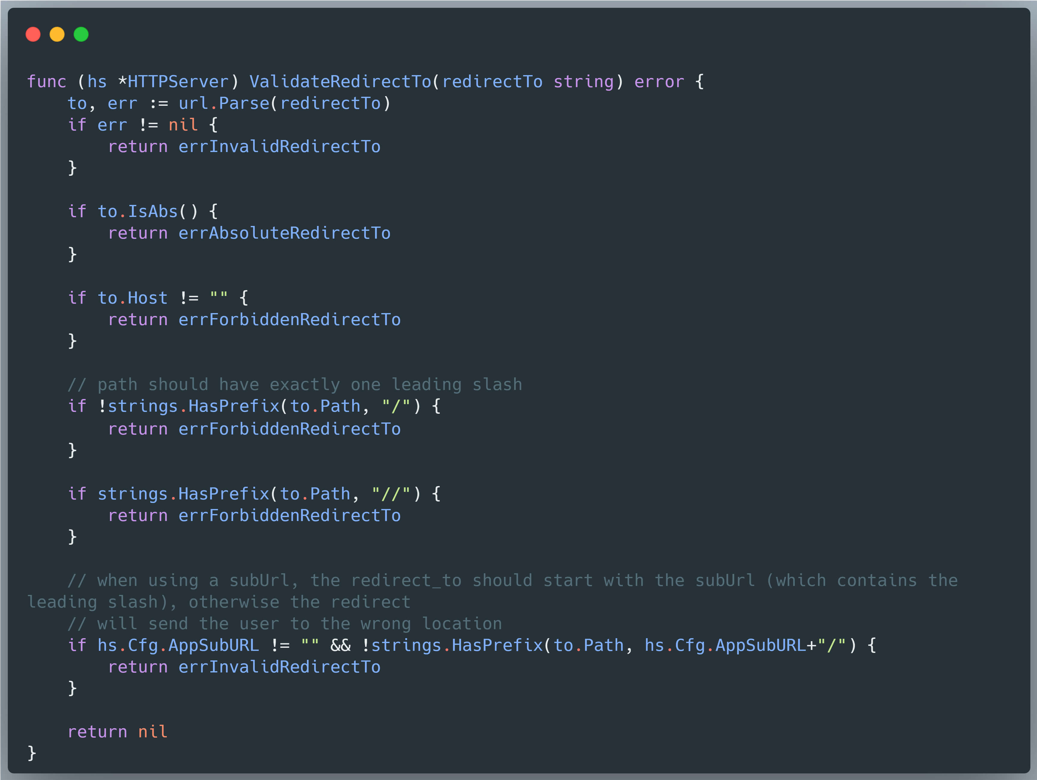 رمز الانتقال للتحقق من صحة إعادة التوجيه المرتبط بـ Grafana CVE-2025-6023، مع إظهار منطق التحقق من المسار والمضيف