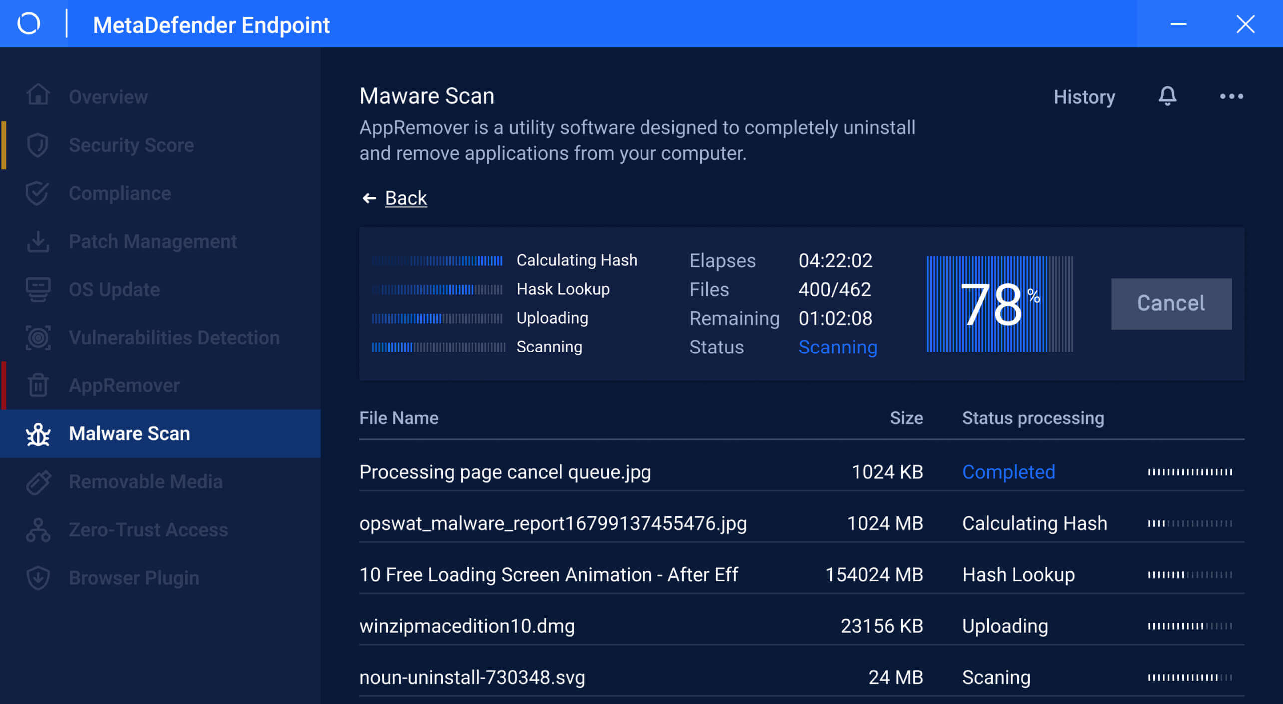 進行中のマルウェアスキャンのスクリーンショット。ファイル処理状況とスキャン完了率が表示される。