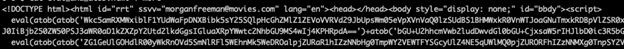 HTMLのスクリプト・タグに難読化されたJavaScriptペイロードを含む、兵器化されたSVGコードのスクリーンショット。