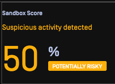 Sandbox スコアUIは、50％のリスクと不審なアクティビティが検出された警告で武器化されたSVGを表示する。