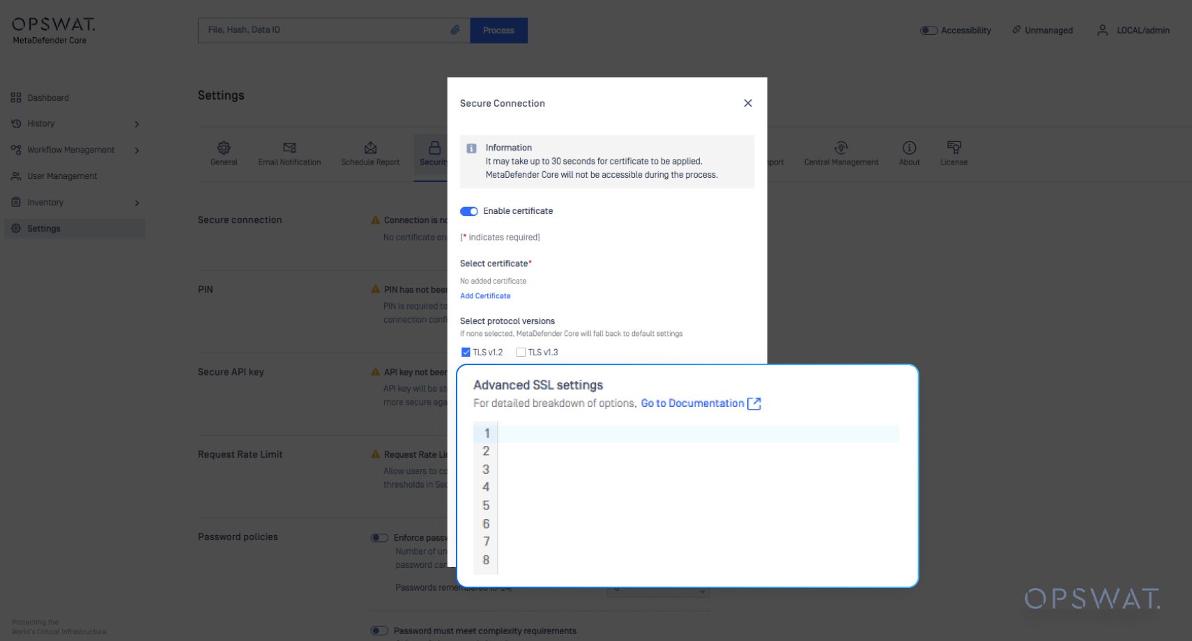 Capture d'écran présentant l'interface de configuration SSL dans MetaDefender Core, permettant des paramètres de sécurité avancés