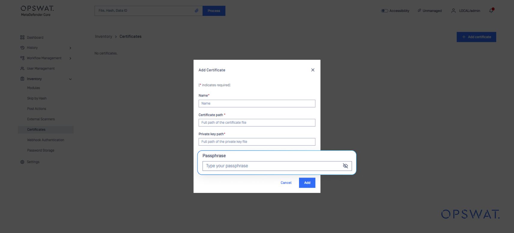 Capture d'écran montrant la prise en charge des clés secrètes cryptées dans MetaDefender Core, améliorant la sécurité des certificats