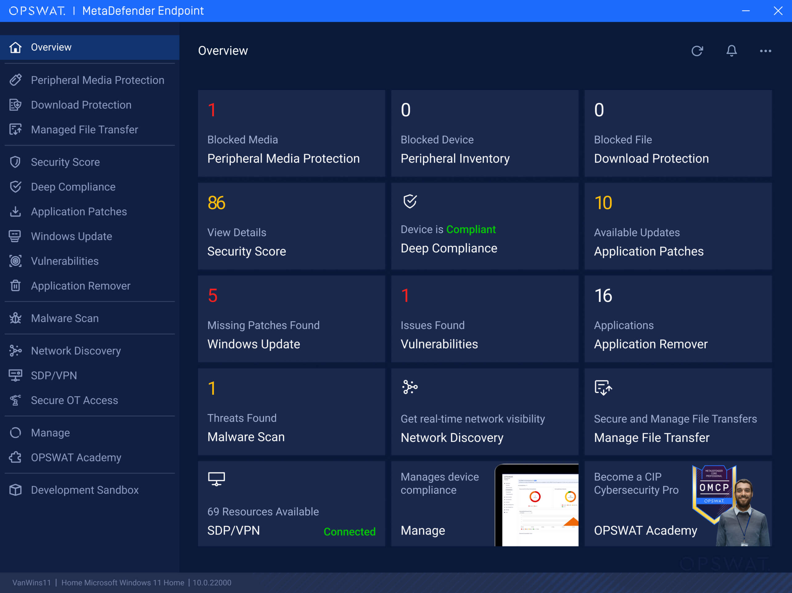 لقطة شاشة تعرض واجهة النظرة العامة المحدّثة في MetaDefender Endpoint مع تسليط الضوء على التنقل المبسط والوضوح المحسّن