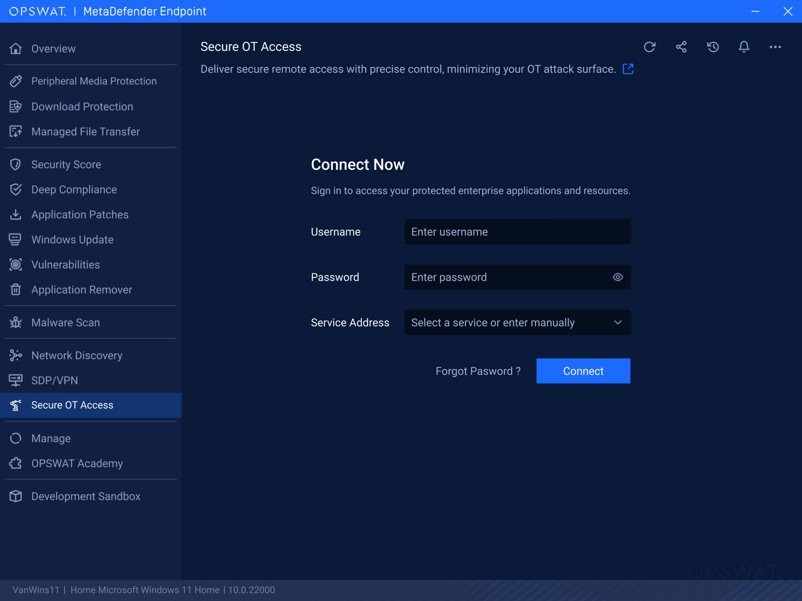 لقطة شاشة تعرض عناصر التحكم فيOT Access Secure OT Access في MetaDefender Endpoint مع التركيز على أذونات المستخدم الدقيقة وأمان التكنولوجيا التشغيلية المحسّن