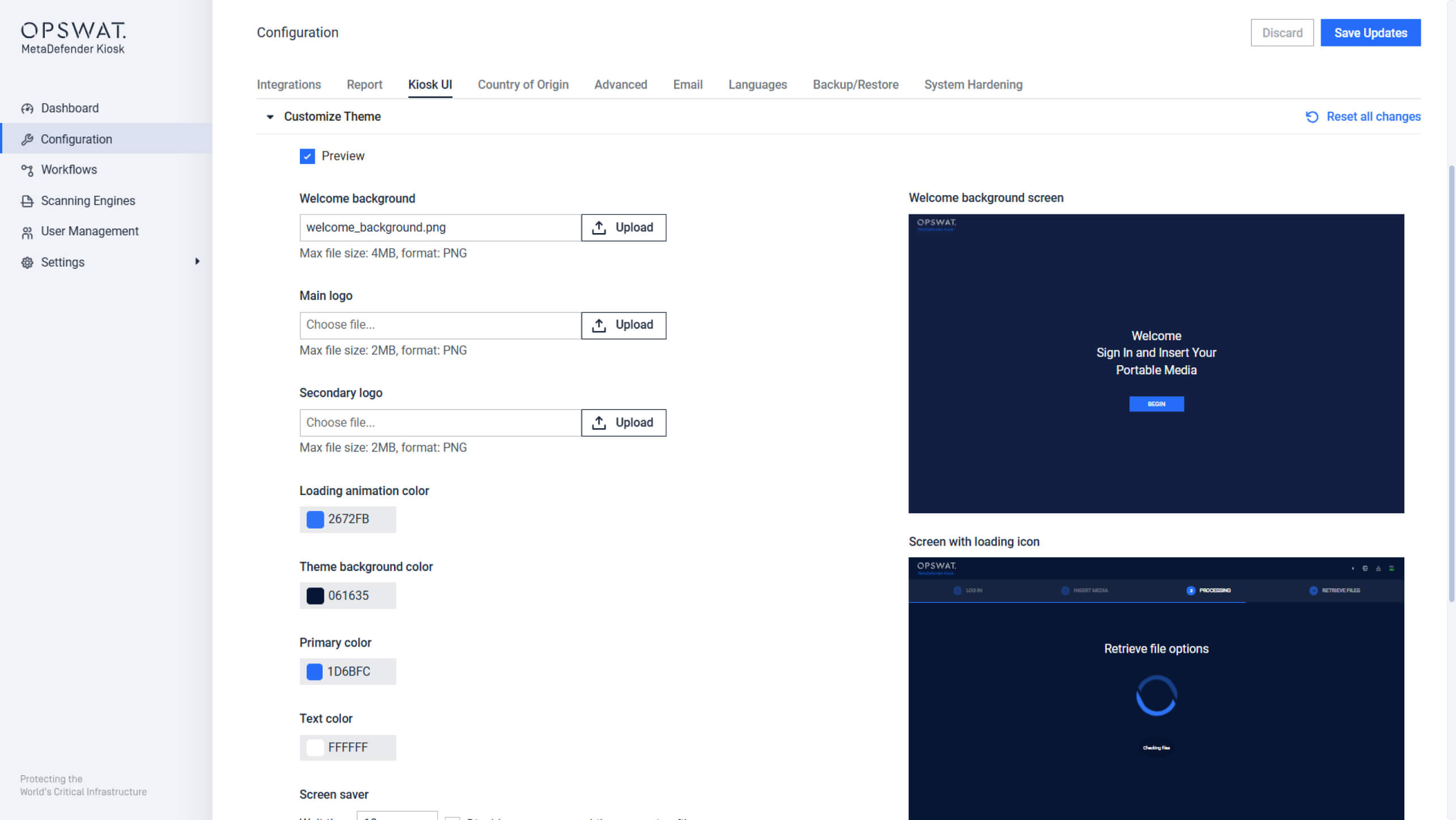 Einstellungen zur Anpassung des Themas in der MetaDefender Kiosk Web Management Console Schnittstelle