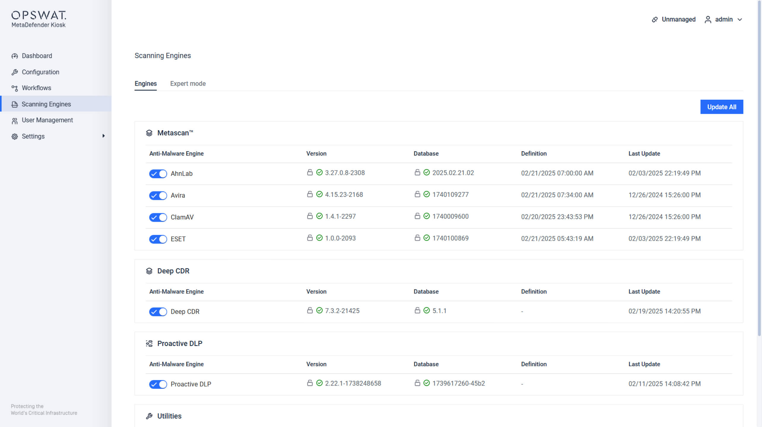 MetaDefender Core Konfigurations-Dashboard in der MetaDefender Kiosk Web Management Konsole