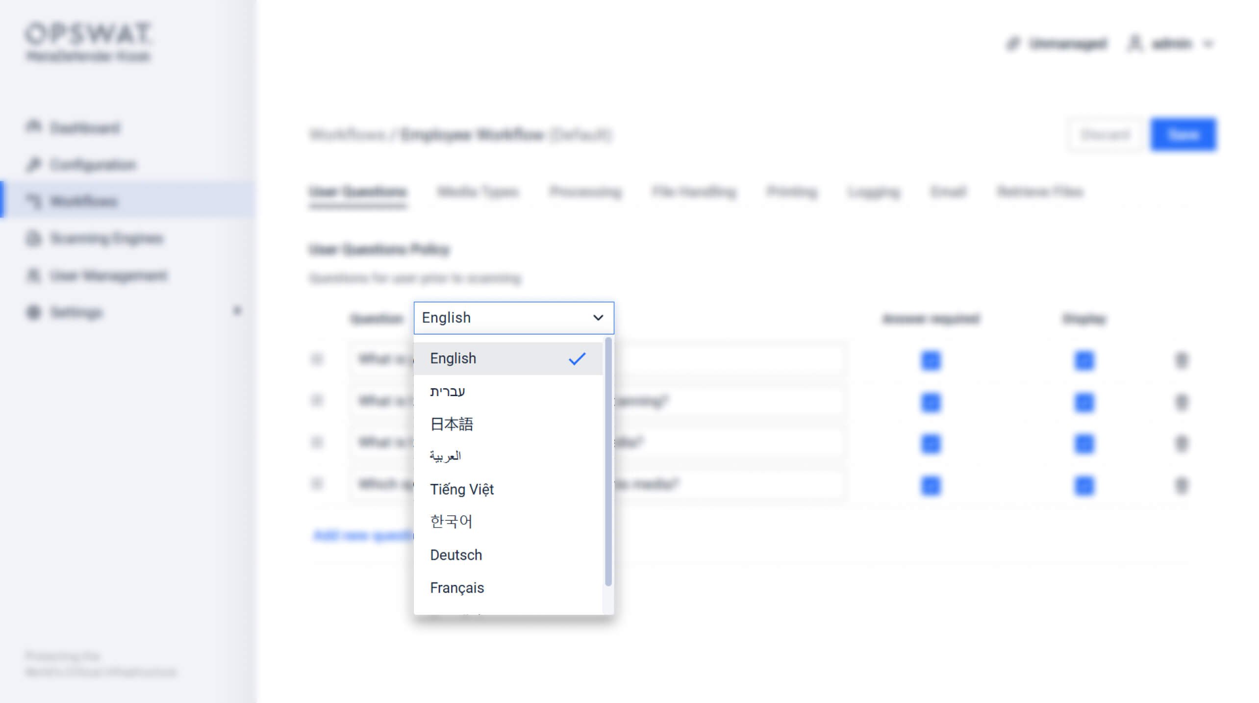 Registerkarte "Benutzerfragen" mit Dropdown-Menü für mehrere Sprachoptionen in MetaDefender Kiosk