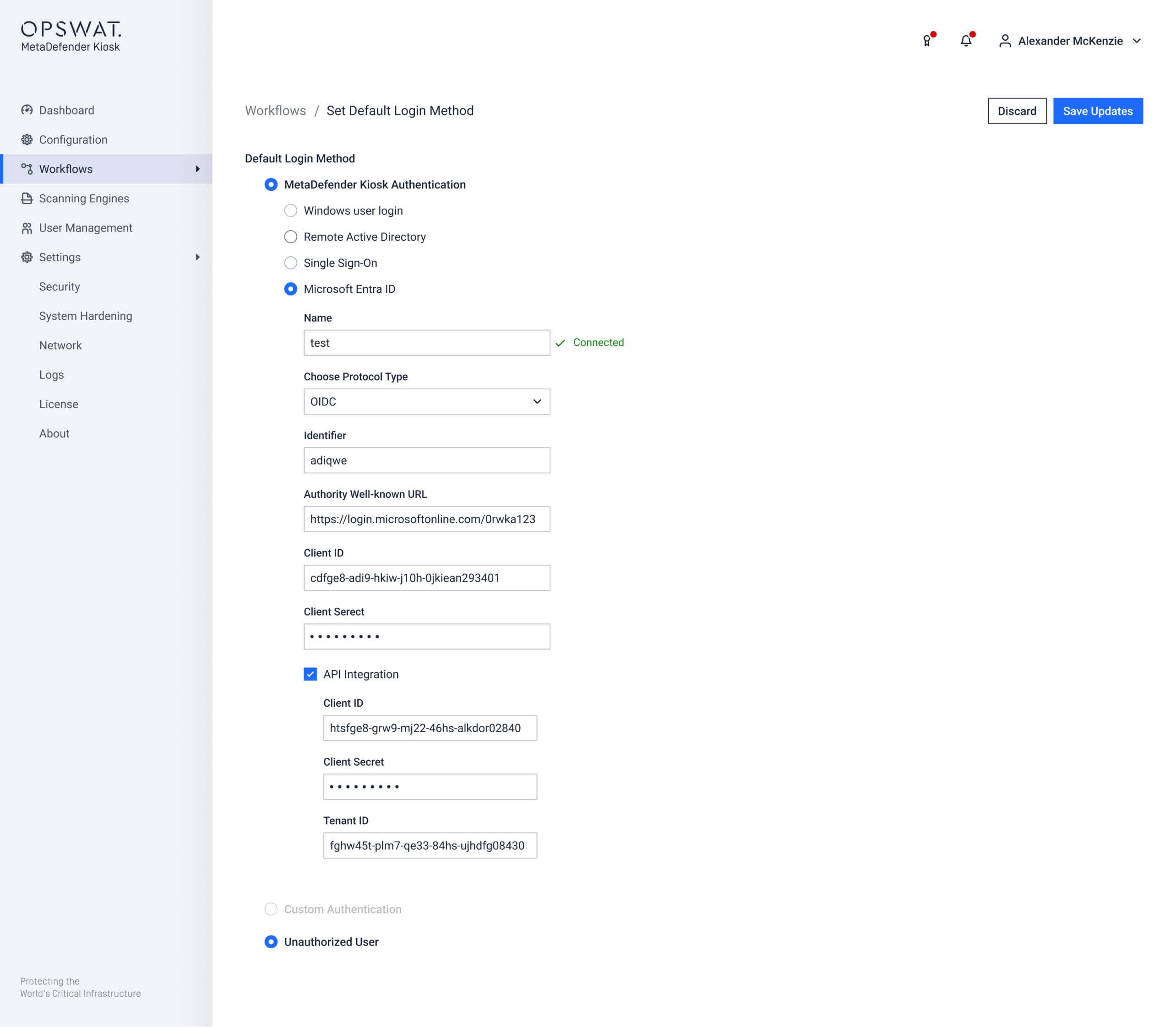 UI screenshot showing MetaDefender Kiosk OpenID Connect authentication options for single sign-on