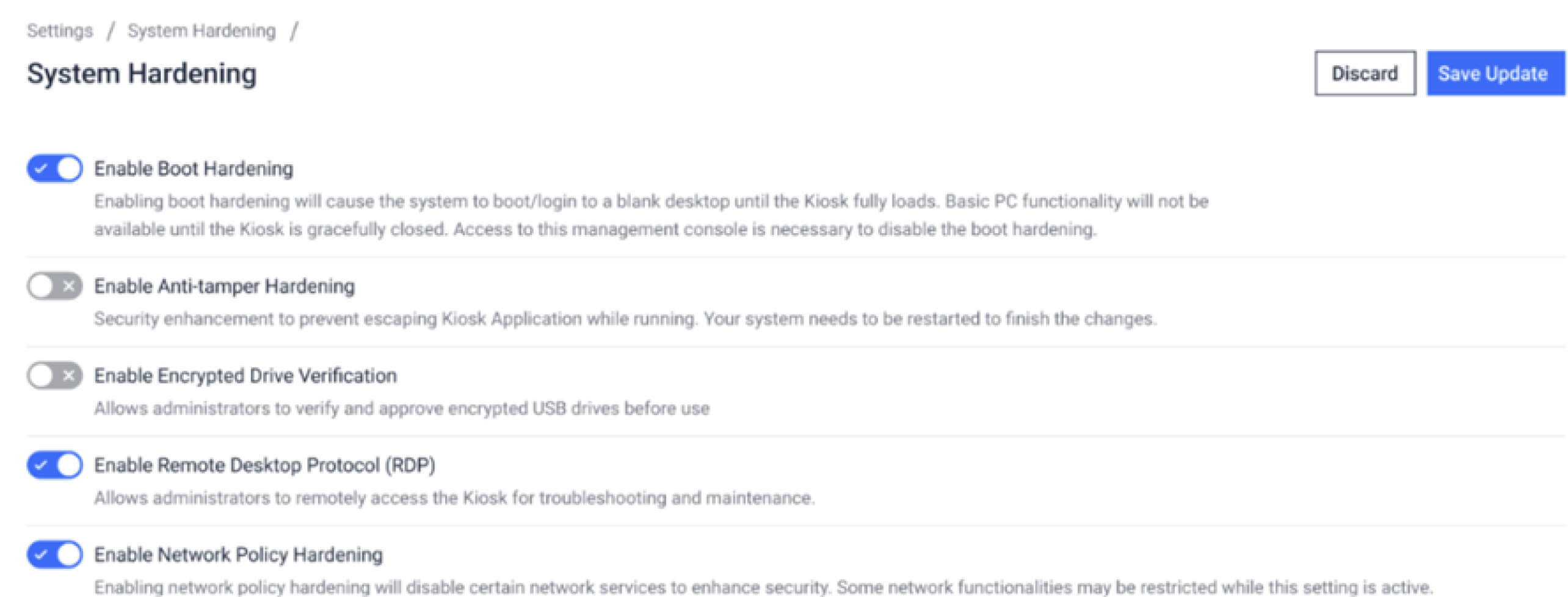 UI screenshot illustrating network policy hardening settings in MetaDefender Kiosk management console