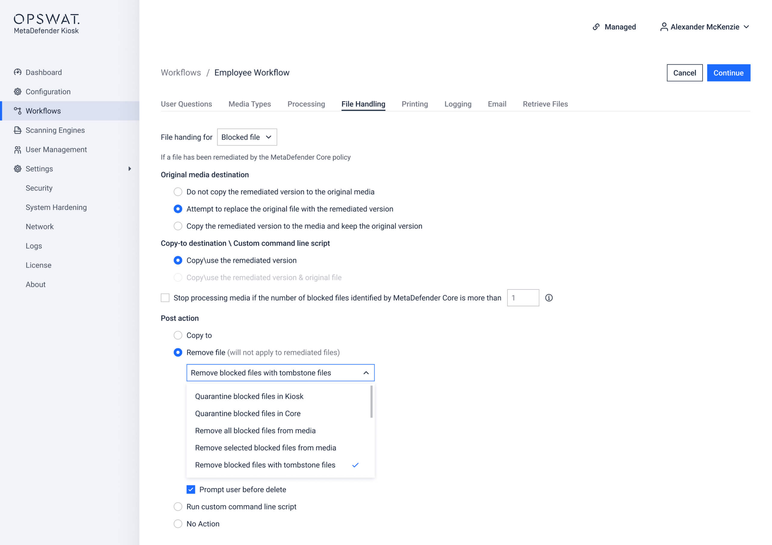 UI screenshot depicting tombstone file feature for traceable file deletion in MetaDefender Kiosk