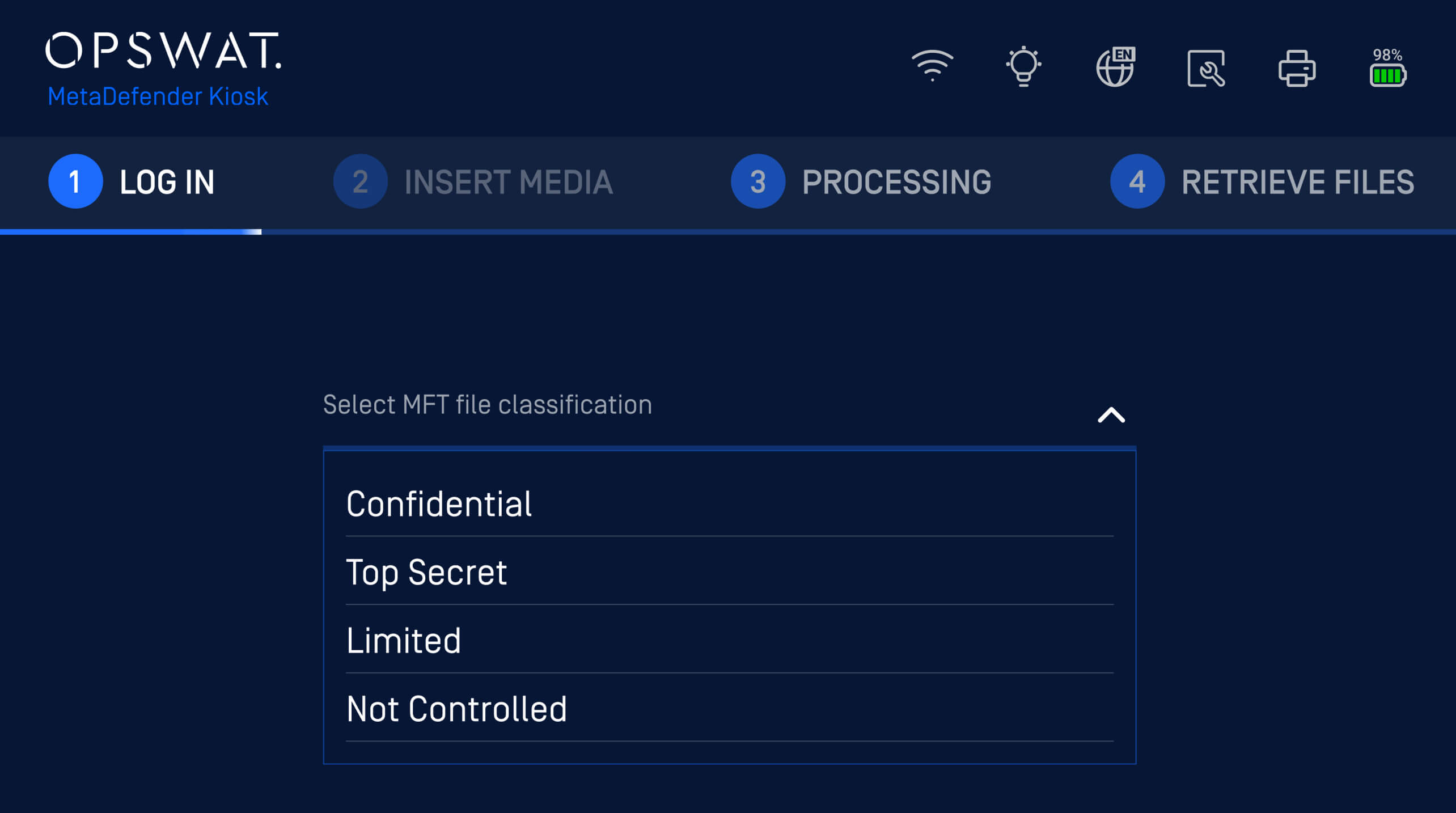 UI screenshot showing file classification and sharing interface in MetaDefender Kiosk