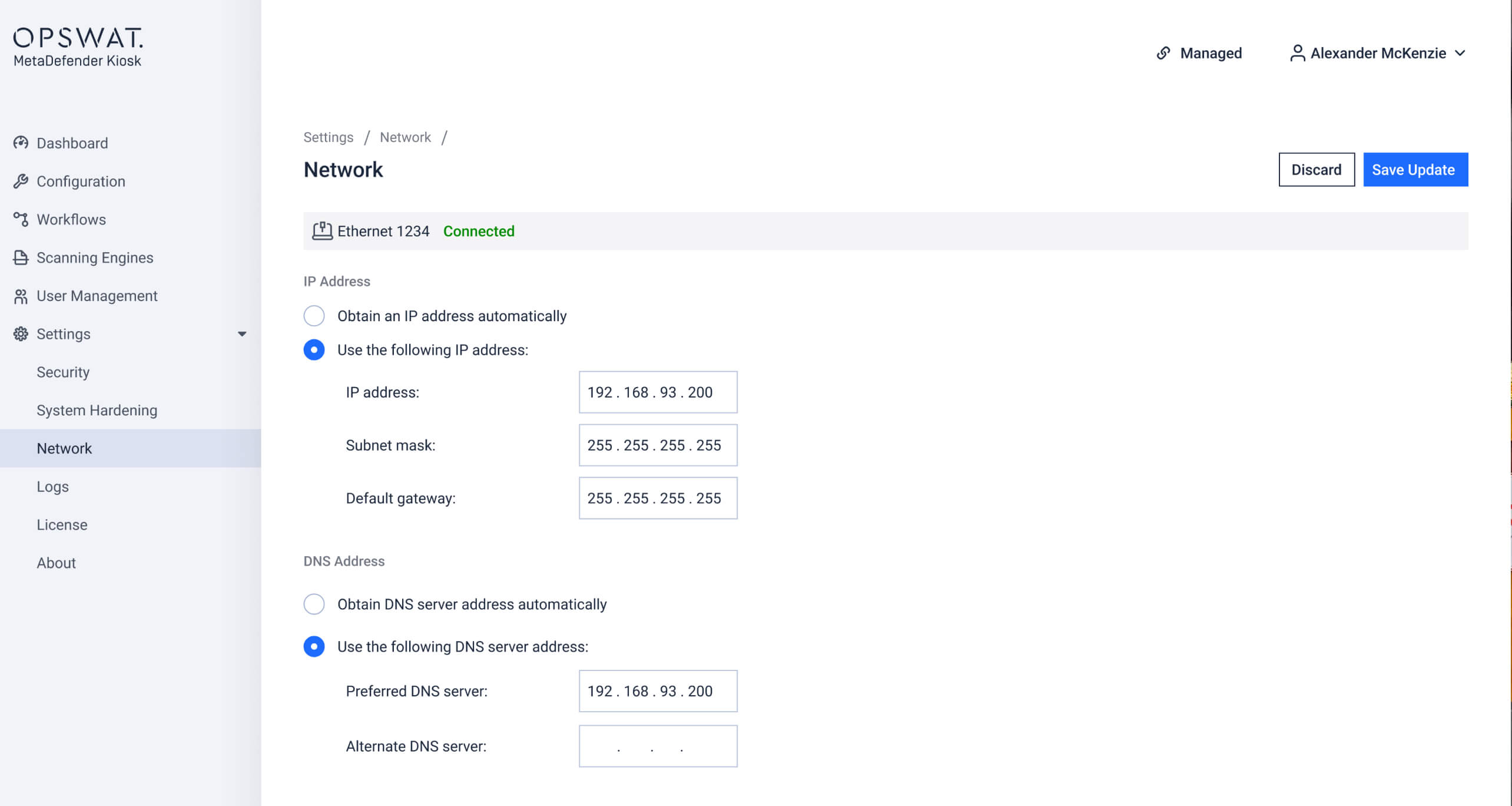 UI screenshot showing managed network settings configuration in MetaDefender Kiosk management console