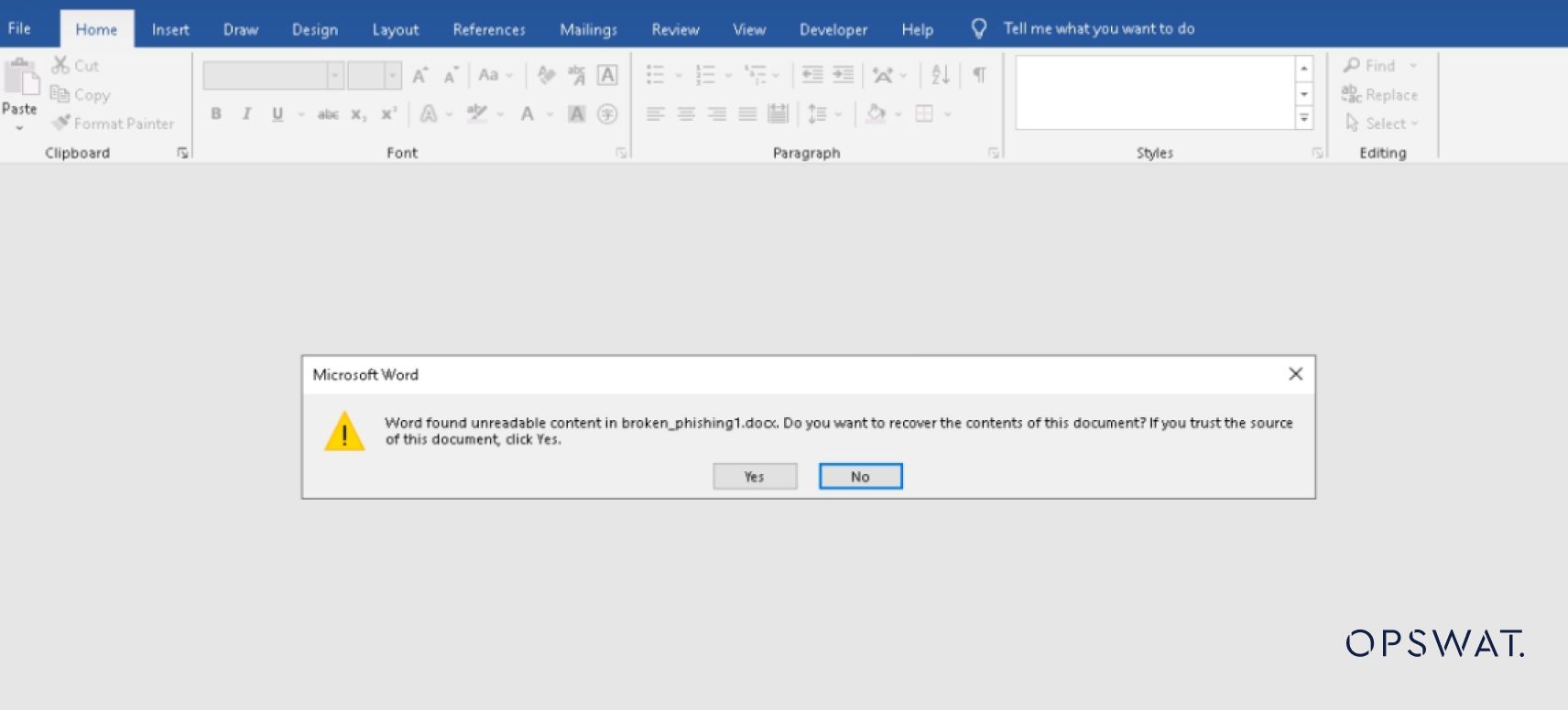 Okunamayan içerikle ilgili bir uyarı görüntüleyen ve kullanıcıdan dosyayı kurtarmasını isteyen bir Word belgesi