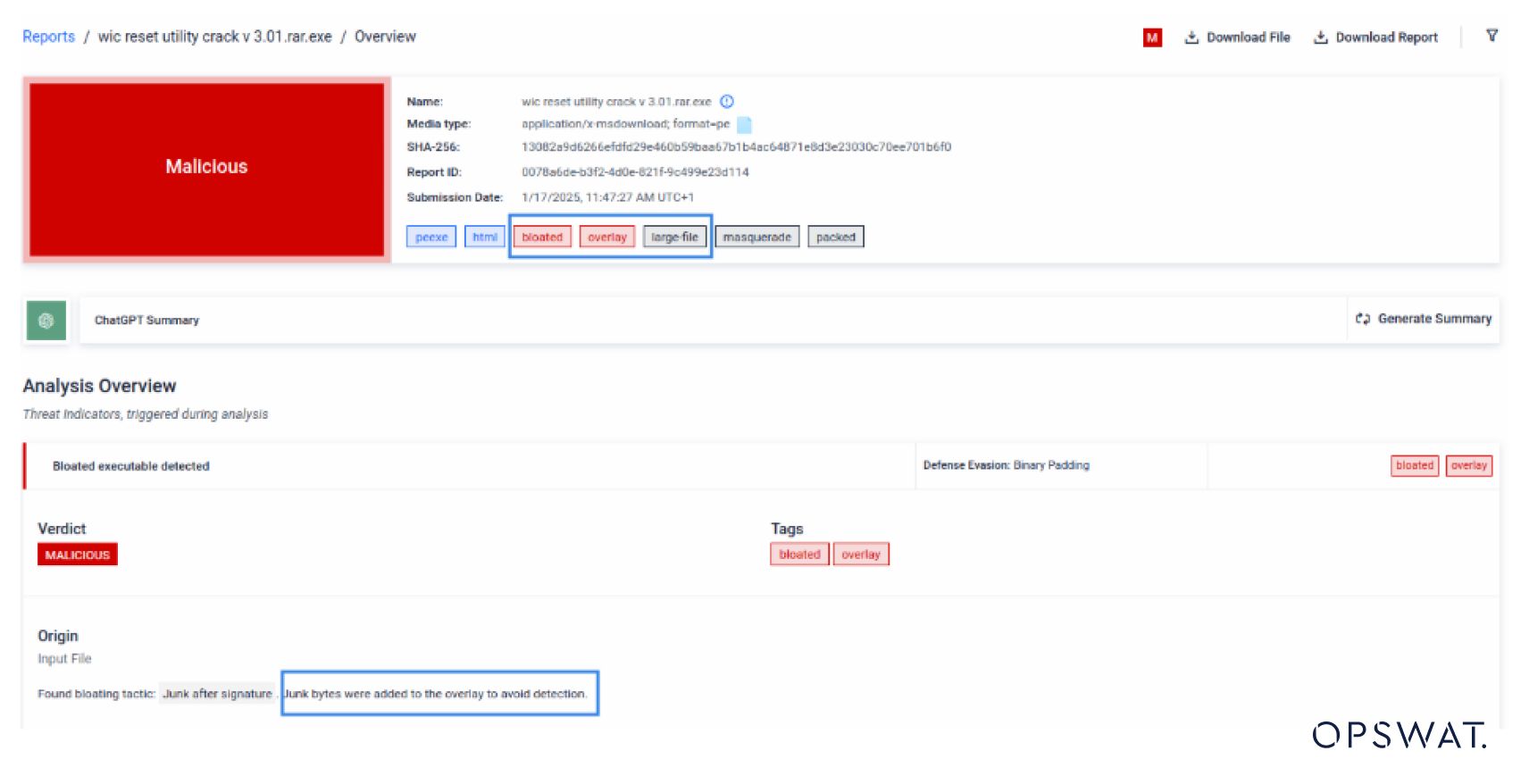 Güvenlik tespitinden kaçınmak için eklenen gereksiz baytlarla şişkin yürütülebilir kod içeren algılanan kötü amaçlı bir dosya