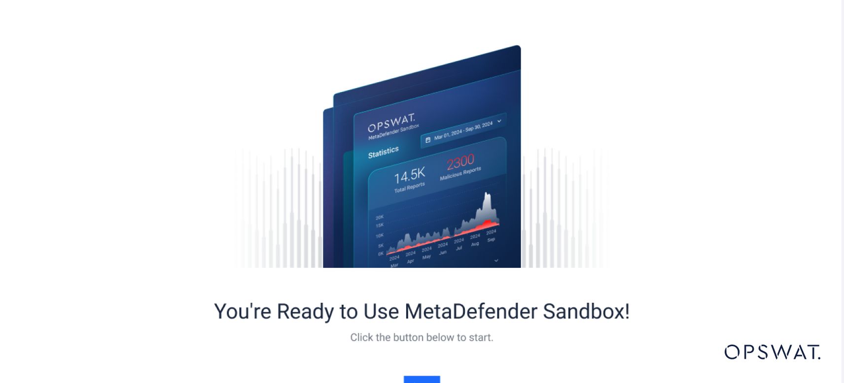 İstatistikleri ve kullanmaya başlama çağrısını gösteren bir karşılama ekranı OPSWAT MetaDefender Sandbox