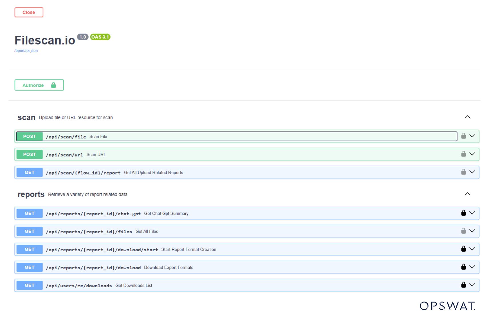 Bir arayüz gösteriliyor API dosyaları taramak, raporları almak ve güvenlik analizi sonuçlarını indirmek için uç noktalar