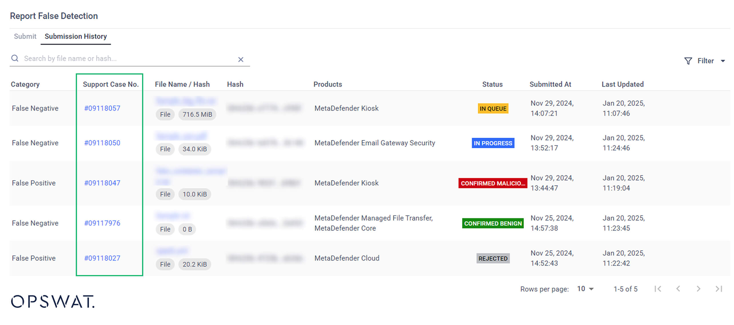 Pillanatkép az OPSWAT portál automatikus támogatási eset létrehozásának funkciójáról, amely egyszerűsíti a téves észlelések nyomon követését OPSWAT