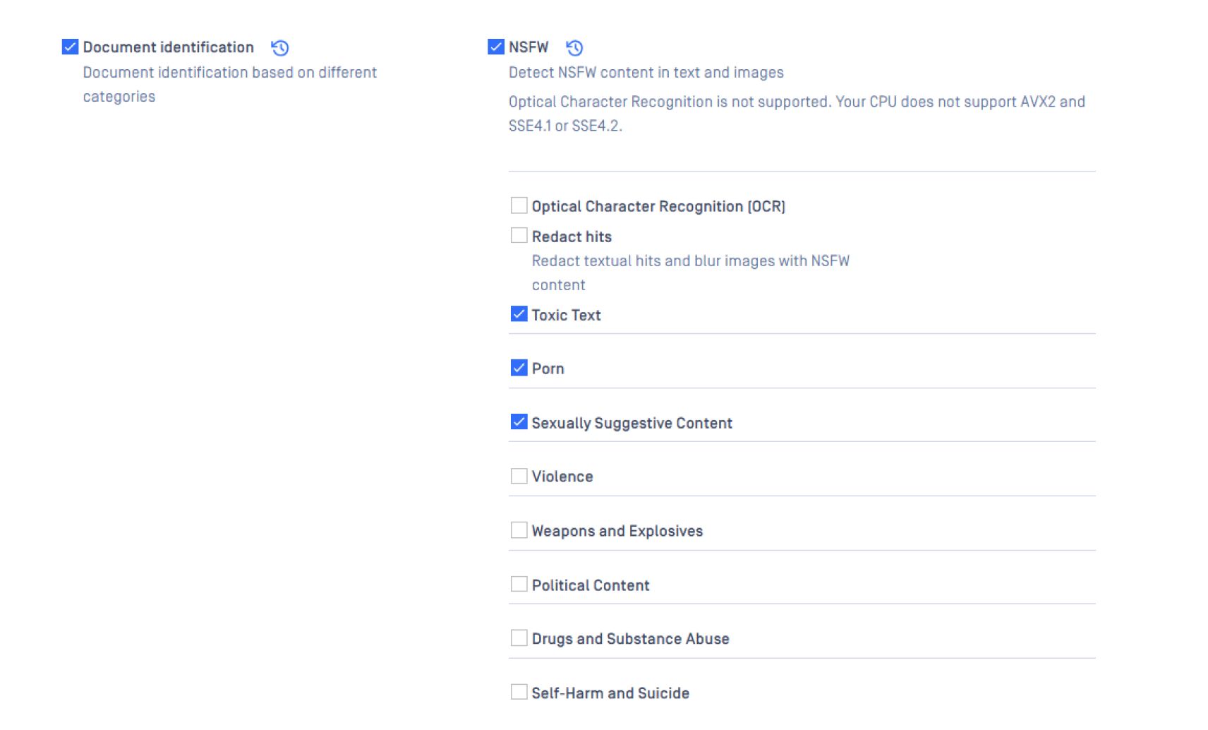 Proactive DLP 2.23.0 cài đặt giao diện người dùng hiển thị các tùy chọn phát hiện văn bản độc hại và NSFW được bật