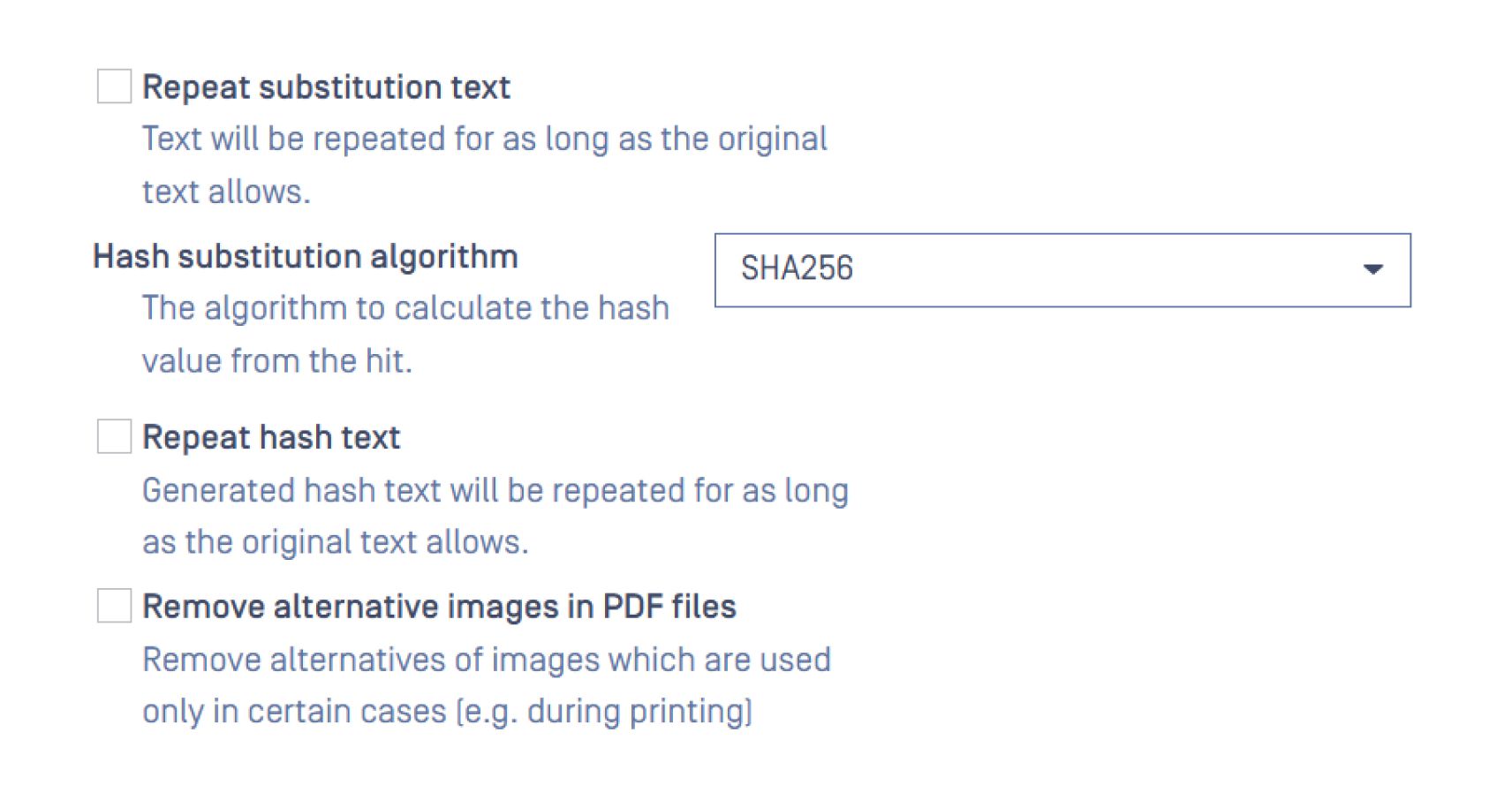 Proactive DLP 2.23.0 cài đặt cho việc thay thế PII bằng thuật toán băm SHA256 và các tùy chọn lặp lại