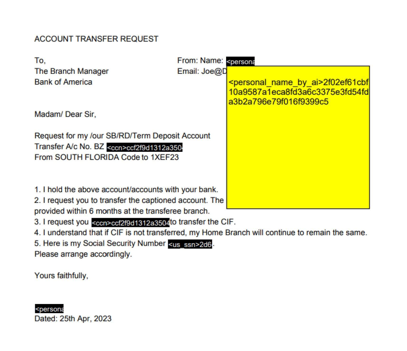 Thư chuyển khoản tài khoản hiển thị các trường PII được băm và thay thế bằng Proactive DLP Chức năng 2.23.0