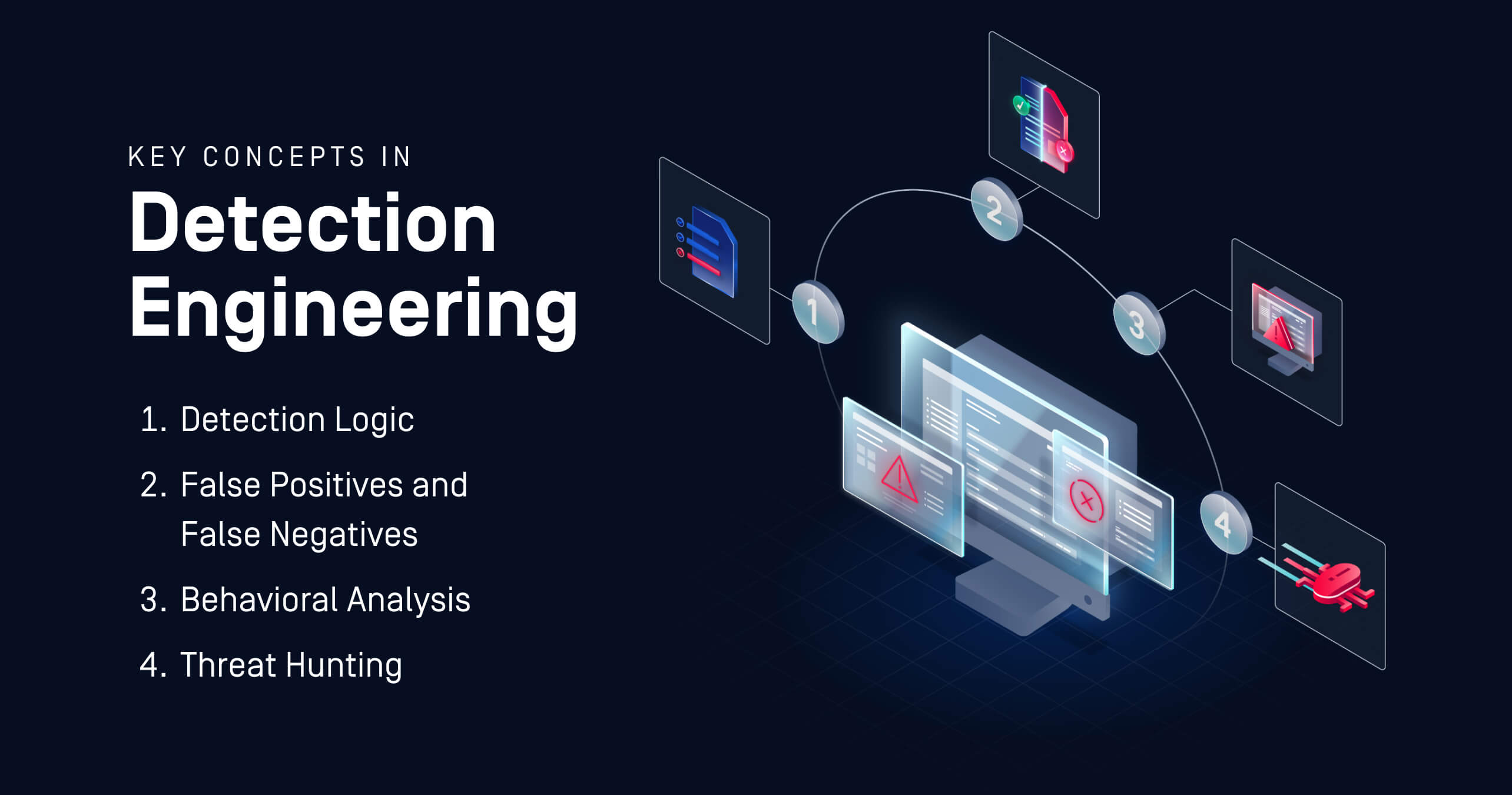 رسم مرئي يوضح أربعة مفاهيم رئيسية في هندسة الكشف: منطق الكشف، وإدارة النتائج الإيجابية والسلبية الكاذبة، والتحليل السلوكي، ومطاردة التهديدات