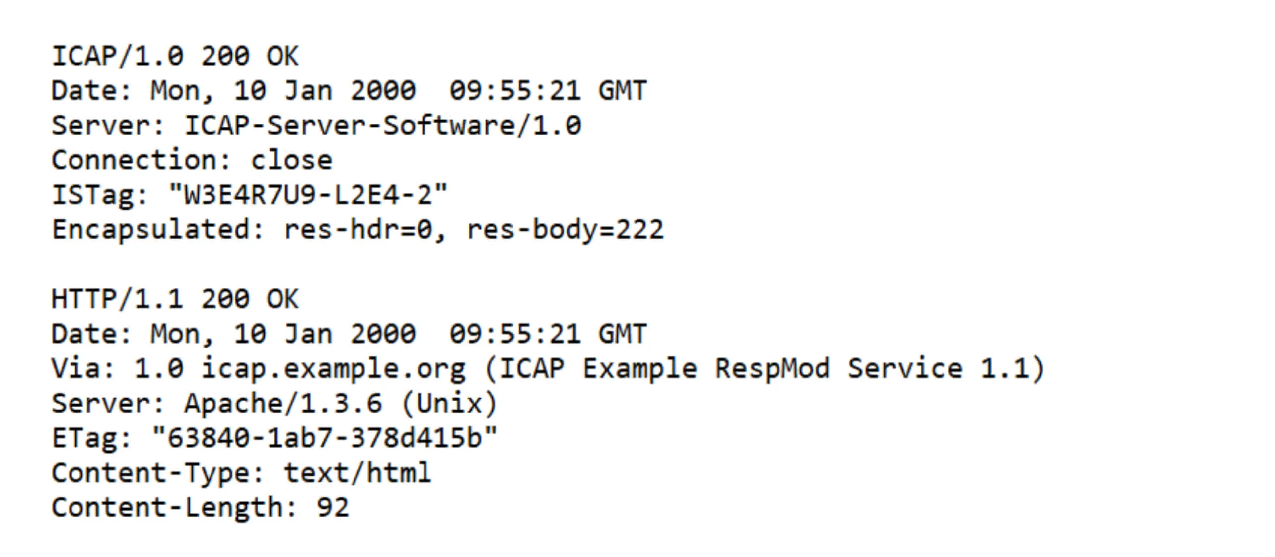 Code screenshot showing ICAP with a sample ICAP RESPMOD response and HTTP headers