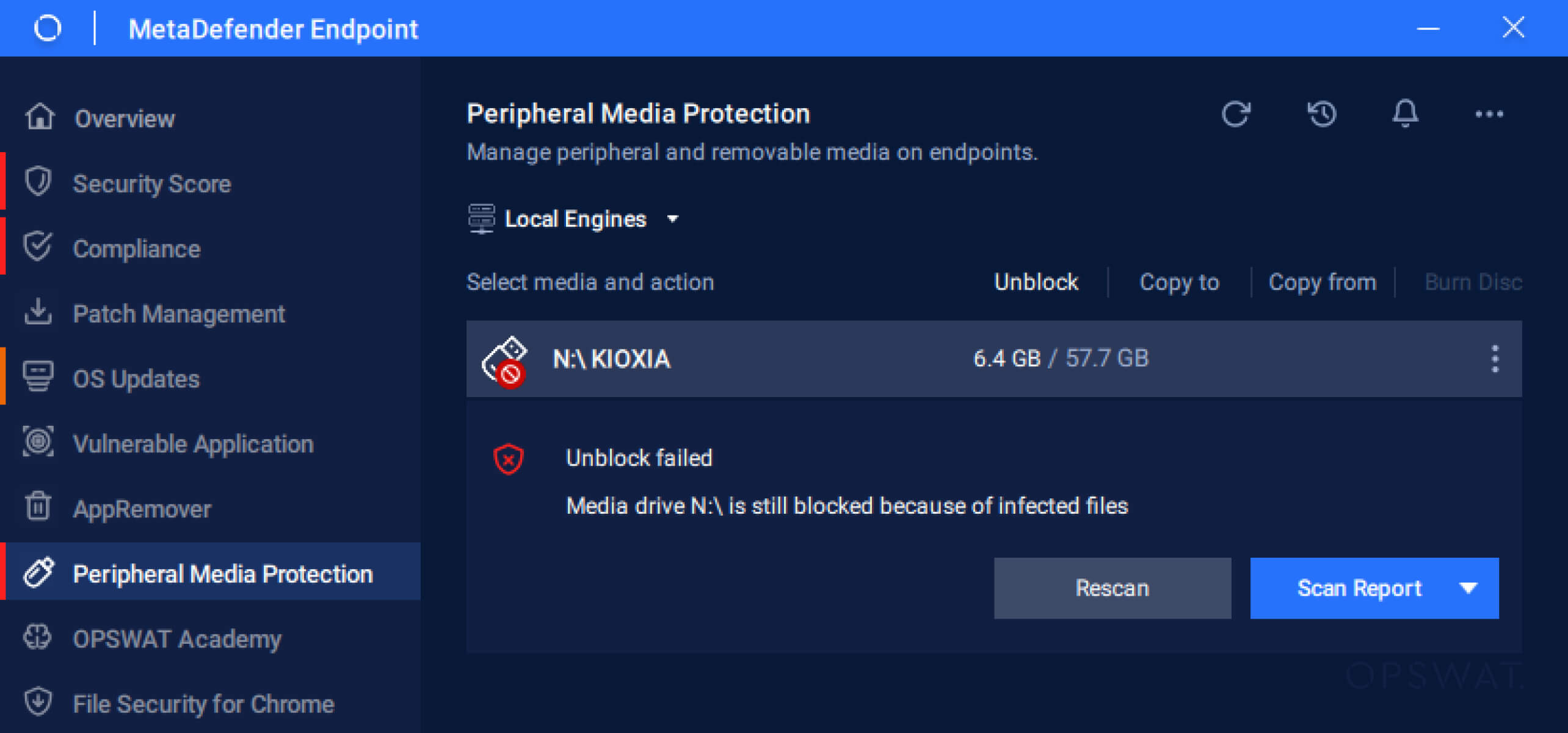 واجهة MetaDefender Endpoint تظهر جهاز وسائط طرفية محجوب بسبب الملفات المصابة