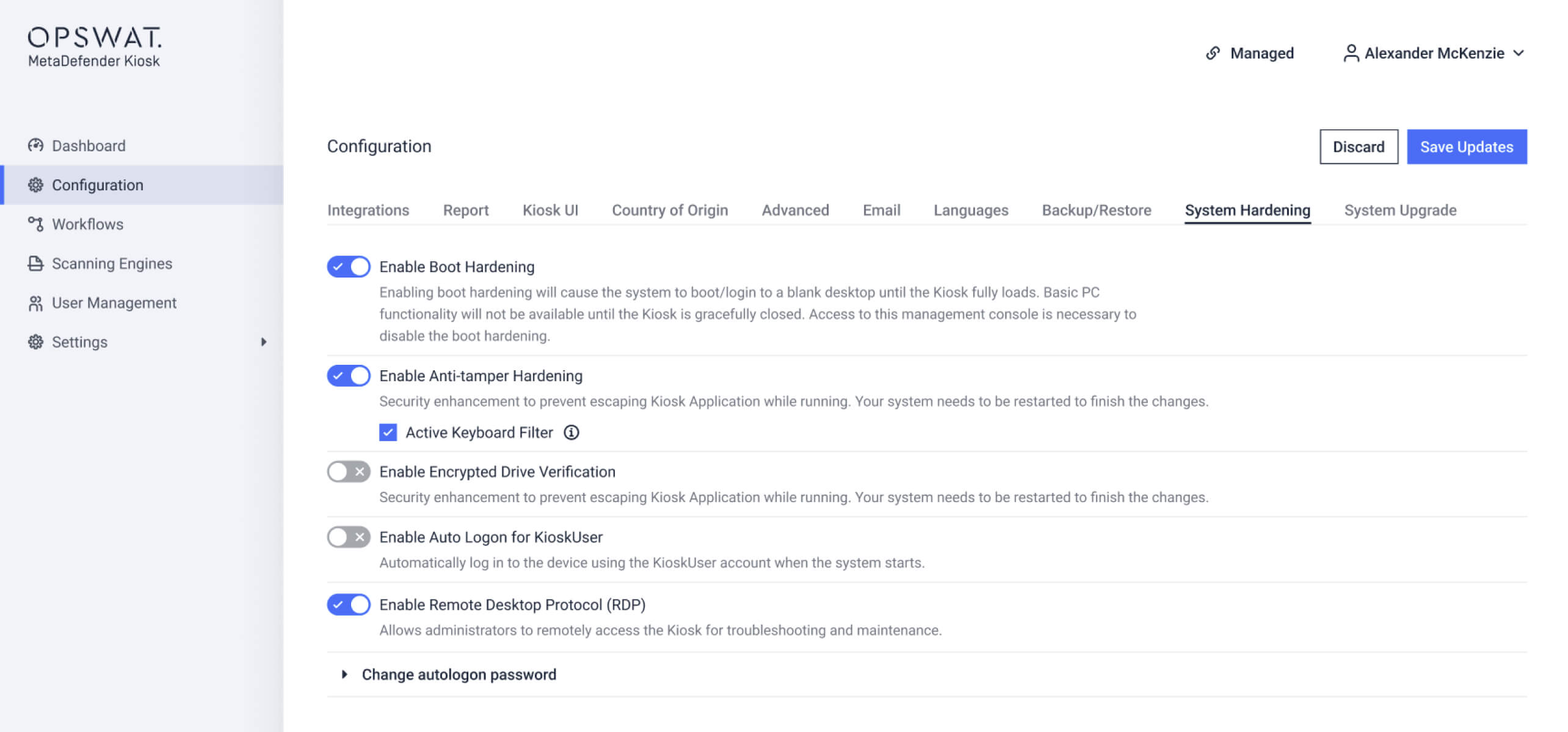 Önyükleme koruması, şifreli sürücü doğrulama ve uzaktan erişim gibi güvenlik güçlendirme özelliklerini etkinleştirmek için bir ayarlar menüsü