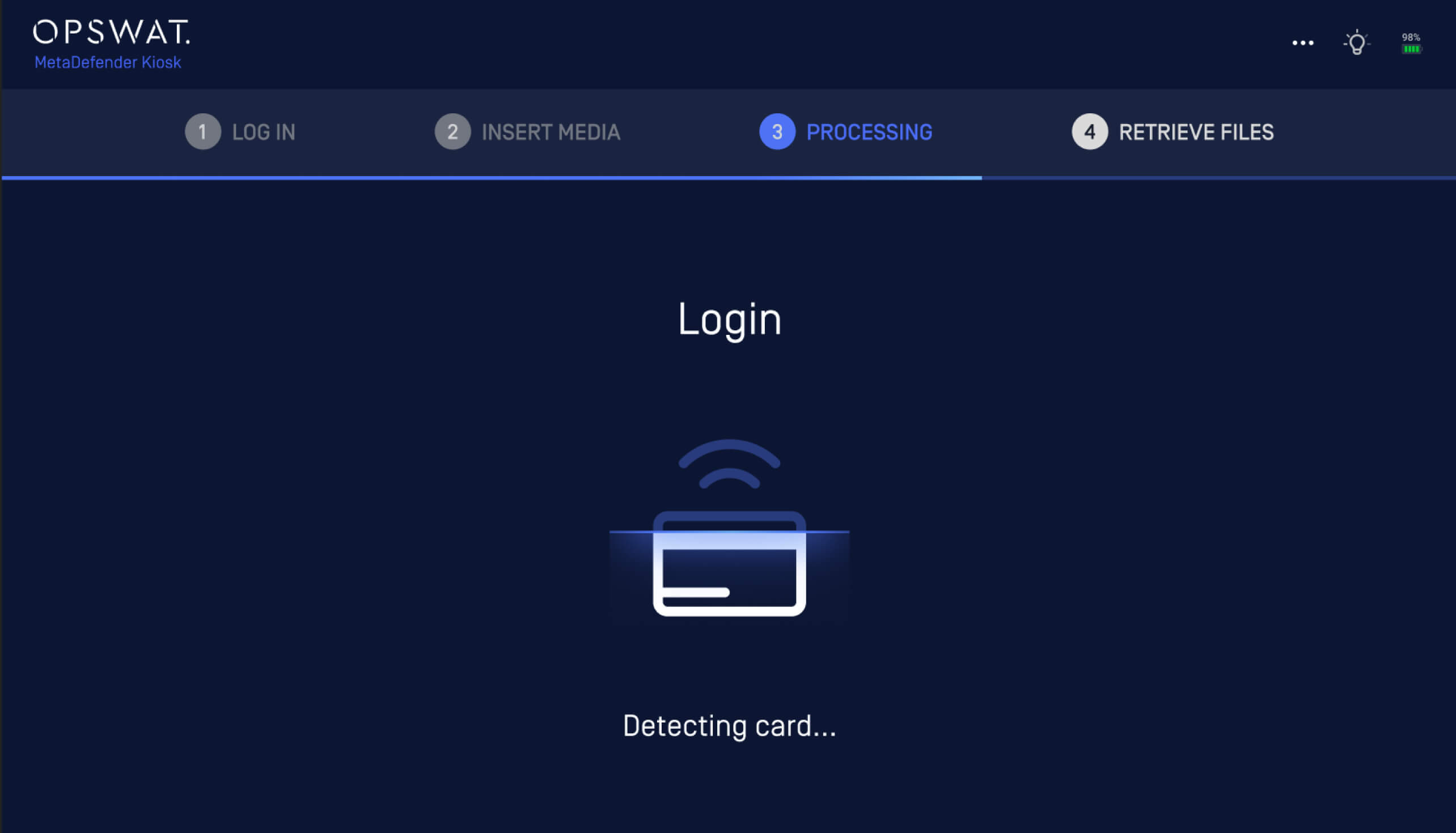 OPSWAT MetaDefender Kiosk'a erişim için RFID kart tabanlı oturum açma kimlik doğrulamasını gösteren bir ekran