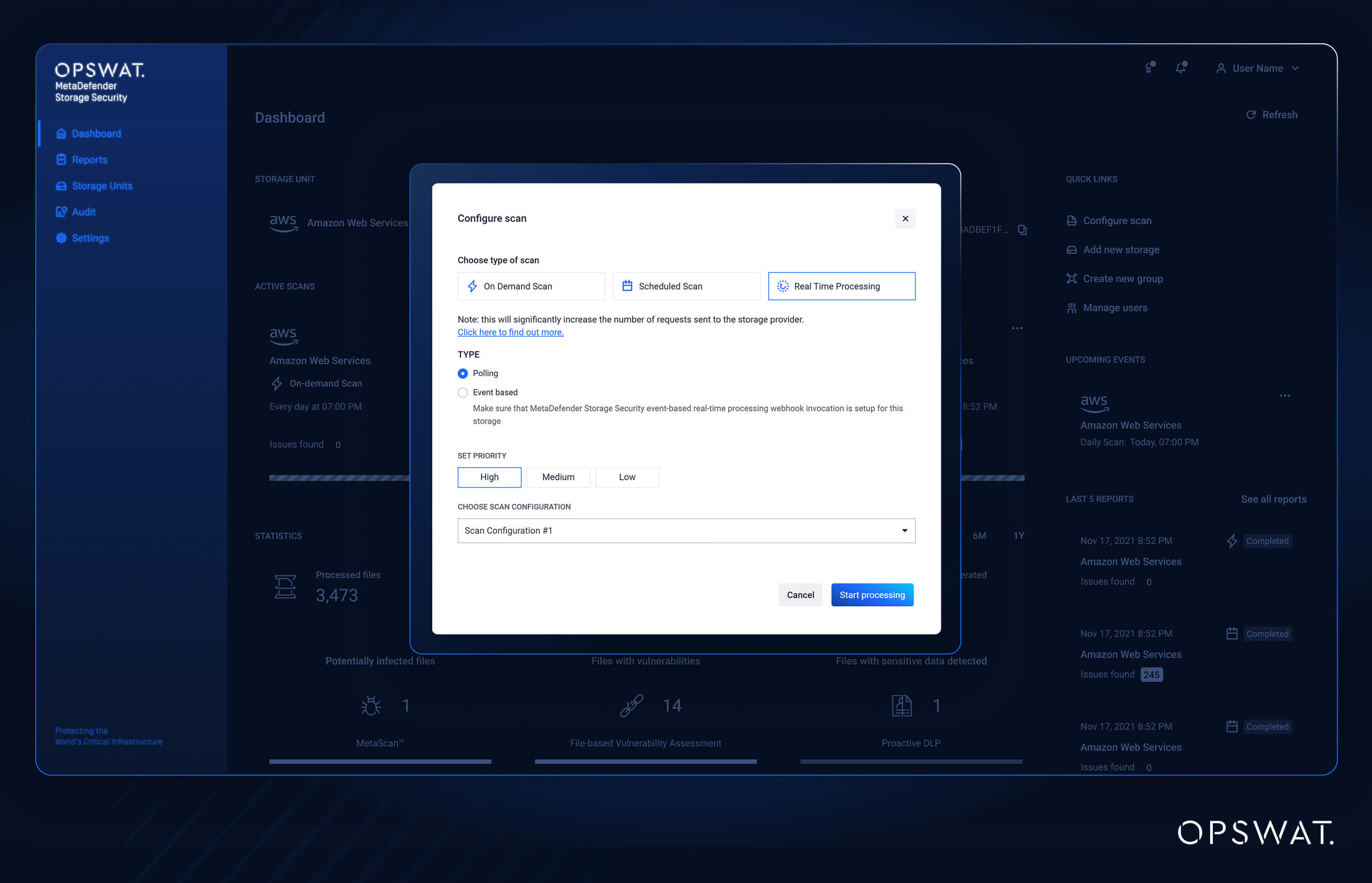 Capture d'écran de l'interface utilisateur illustrant les options de configuration de la priorité d'analyse dans MetaDefender Storage Security