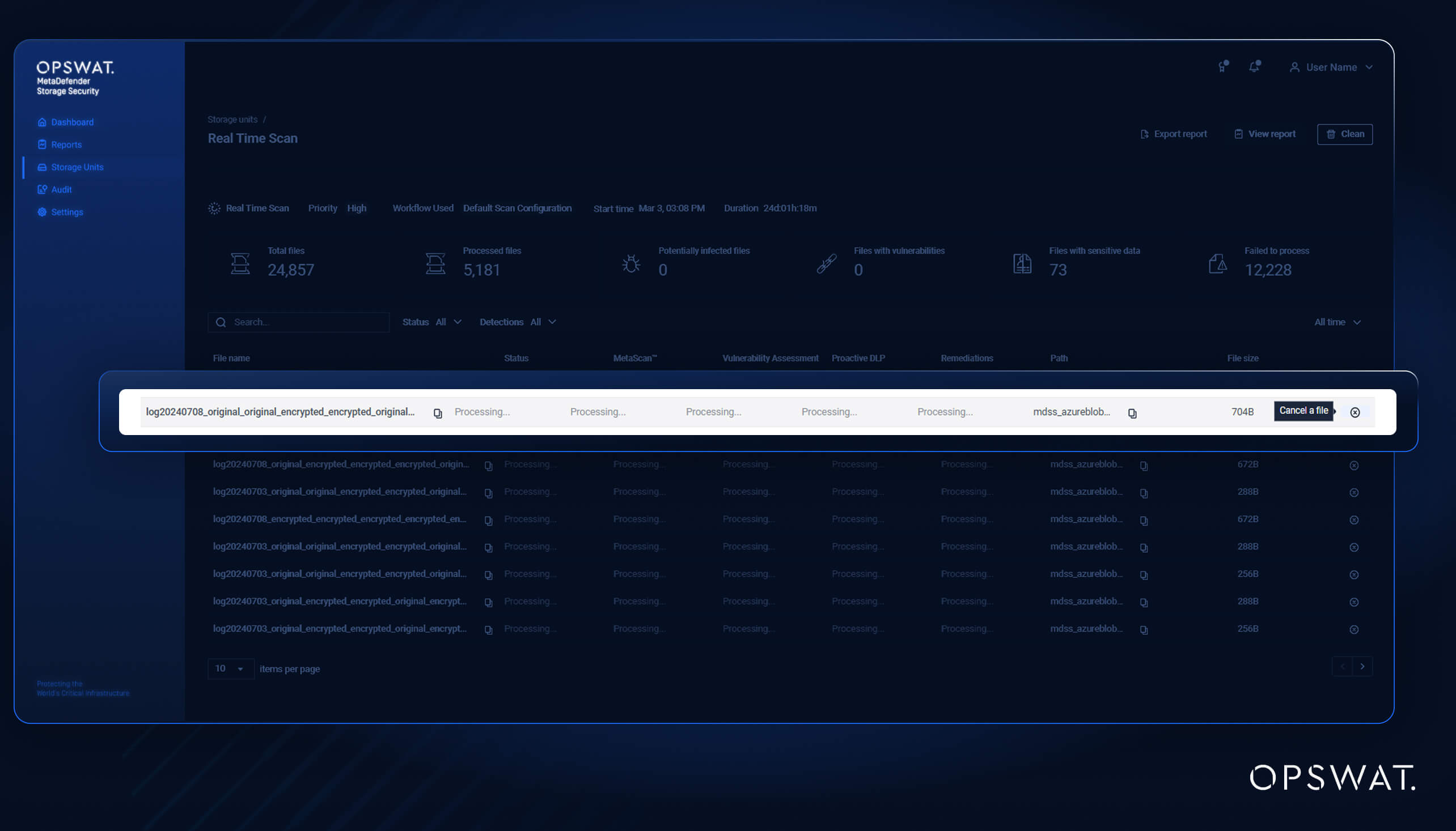 Capture d'écran de l'interface utilisateur décrivant la fonction d'annulation de fichiers pour la gestion des ressources dans MetaDefender Storage Security
