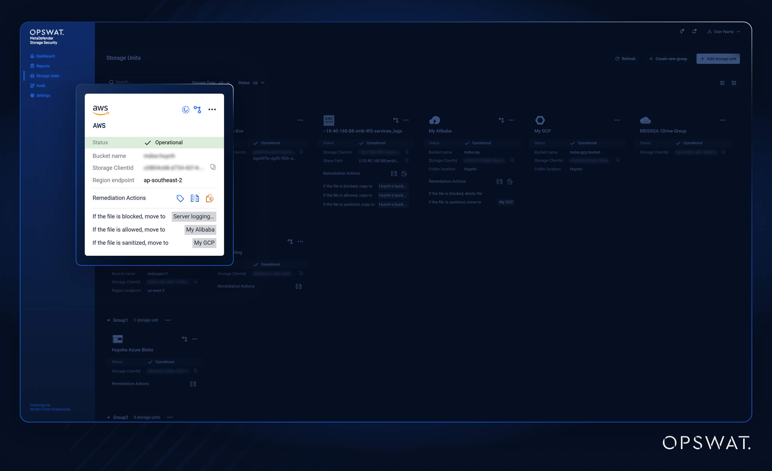 Capture d'écran du tableau de bord montrant la destination de remédiation de la gestion du stockage dans MetaDefender Storage Security