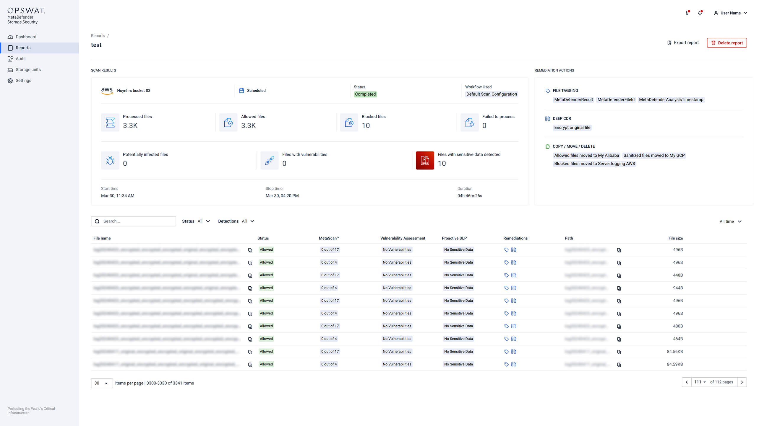 Capture d'écran de l'interface utilisateur affichant le point de terminaison de l API du fichier avec les données de remédiation et les options de filtrage dans MetaDefender