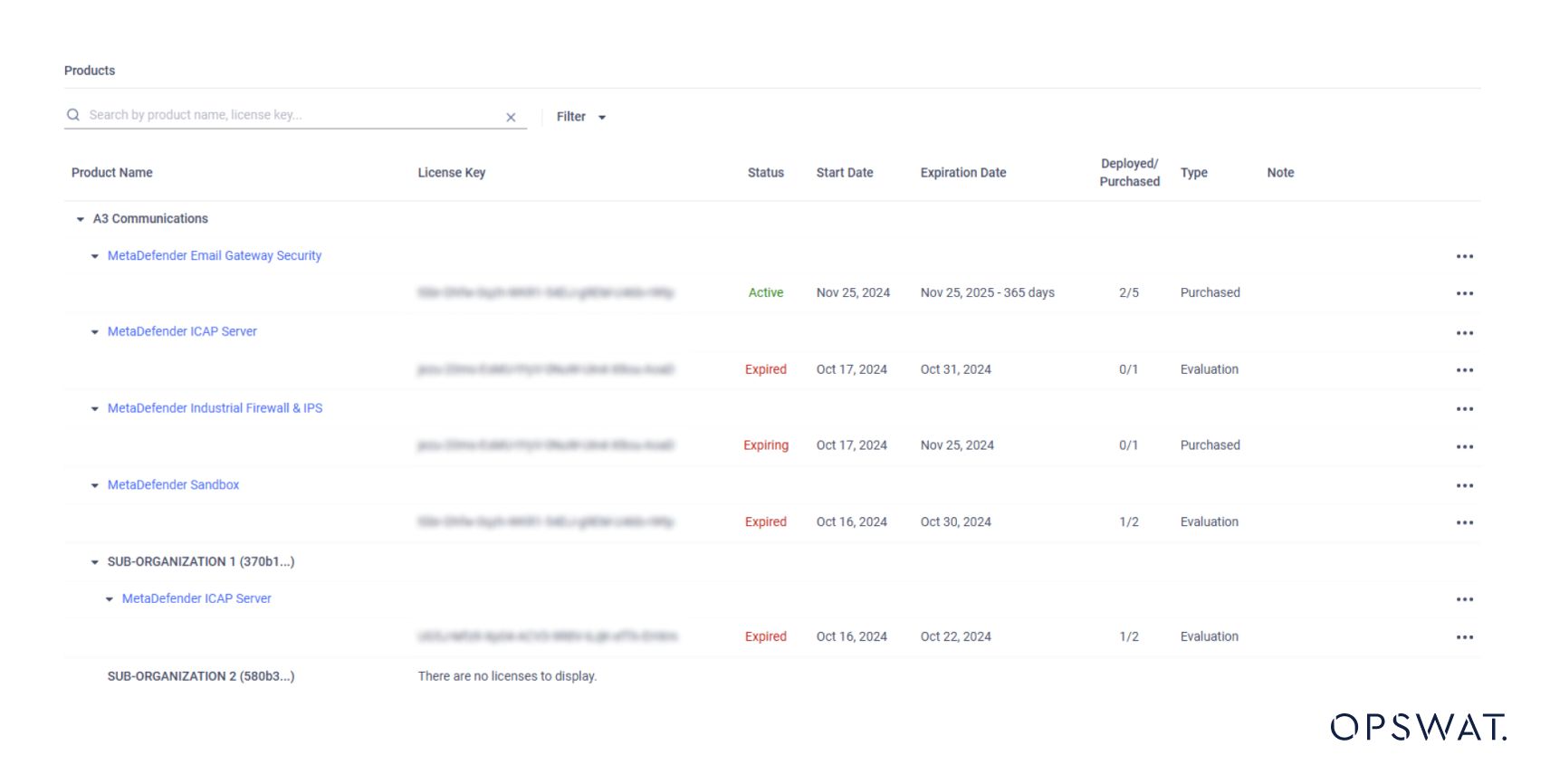 Eine detaillierte Tabelle mit Produktnamen, Lizenzschlüsseln, Status, Ablaufdatum und Bereitstellungsstatus