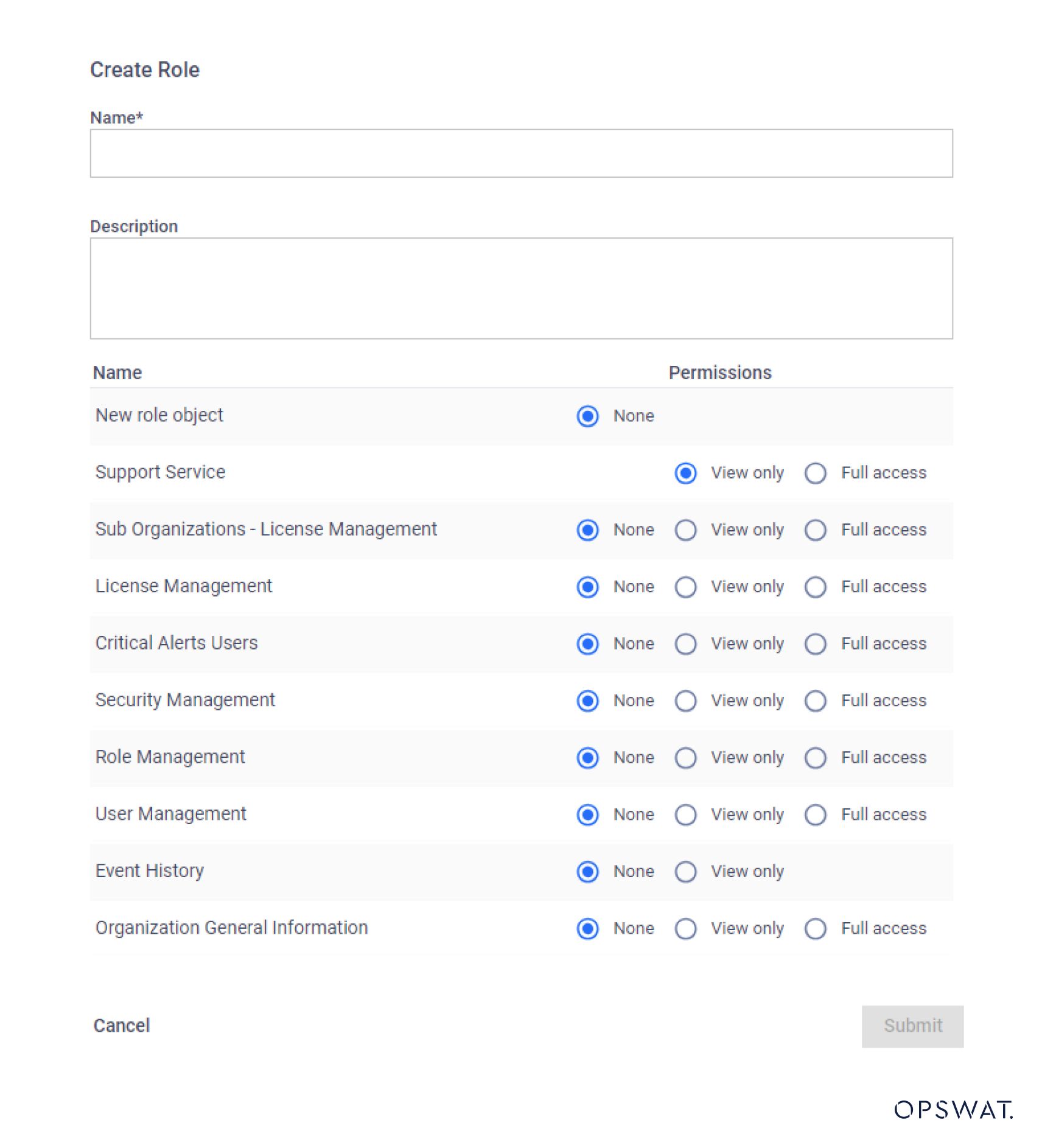 Schnittstelle zur Erstellung neuer Benutzerrollen mit wählbaren Berechtigungen für verschiedene Funktionen wie Lizenzmanagement und Sicherheitsmanagement