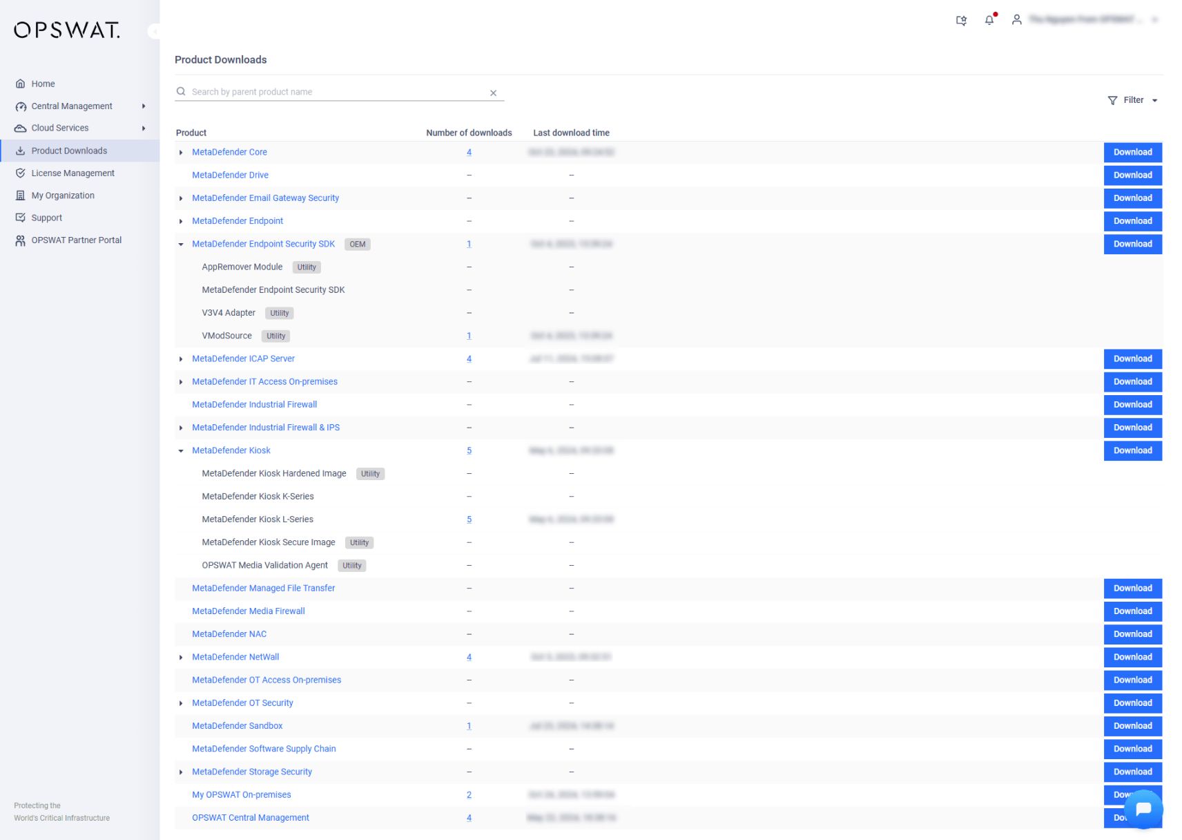Schnittstelle zur Anzeige der herunterladbaren Produkte von OPSWAT , mit Spalten für Produktnamen, Anzahl der Downloads und letzte Downloadzeiten