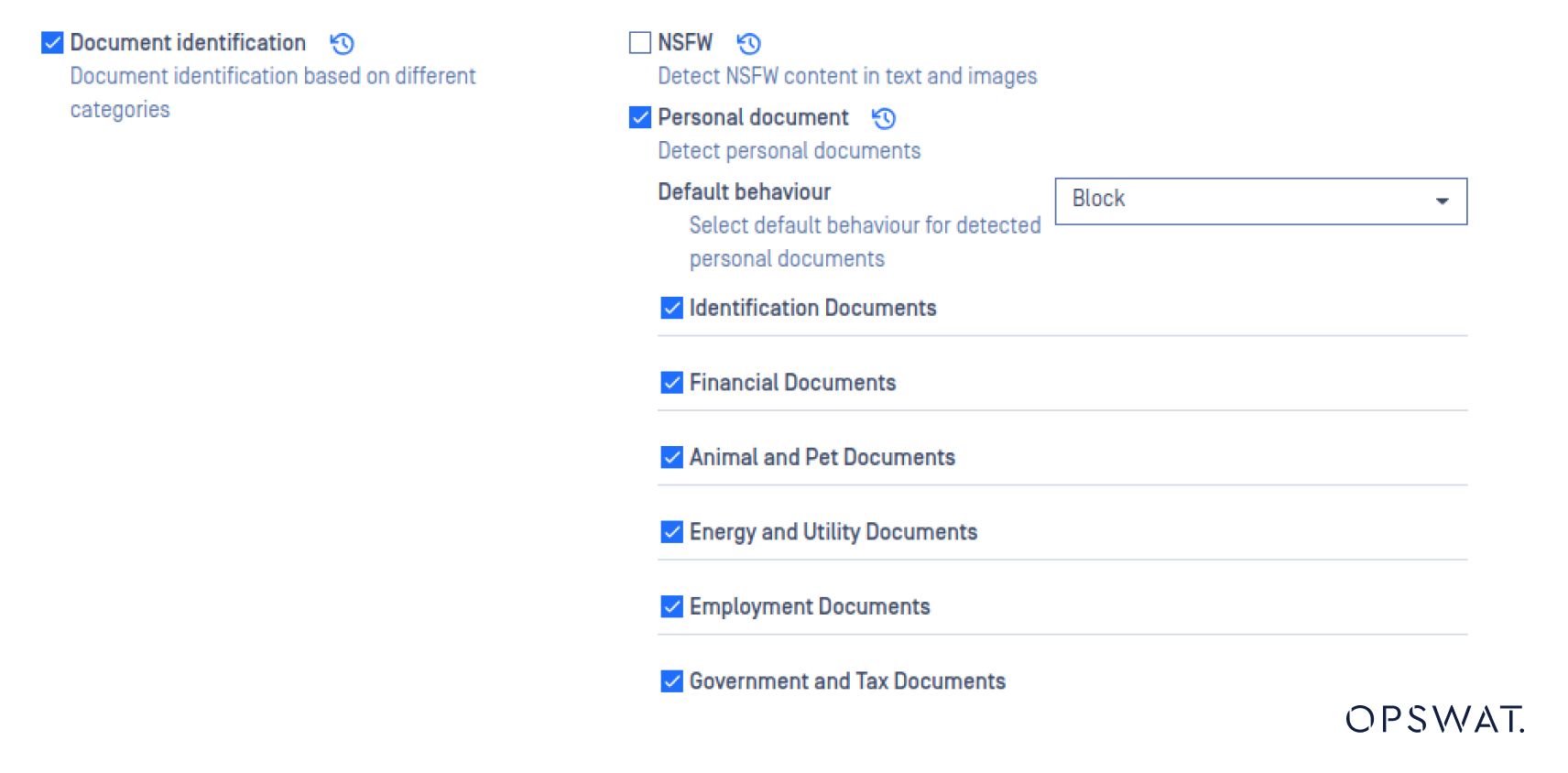 Benutzeroberfläche mit Optionen zur Erkennung und Kategorisierung von Dokumenten, einschließlich Finanz-, Energie- und Behördendateien, mit Blockierverhalten für sensible persönliche Dokumente