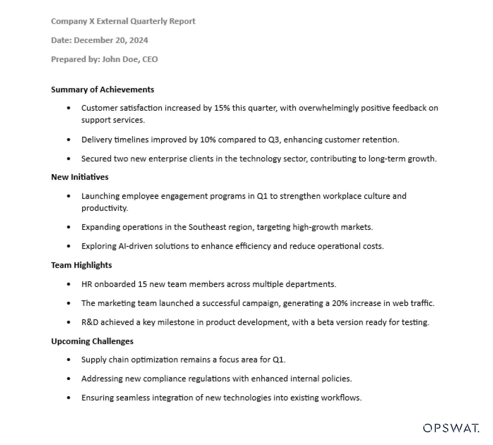 Beispielbericht mit einer Zusammenfassung von Erfolgen, neuen Initiativen, Team-Highlights und anstehenden Herausforderungen