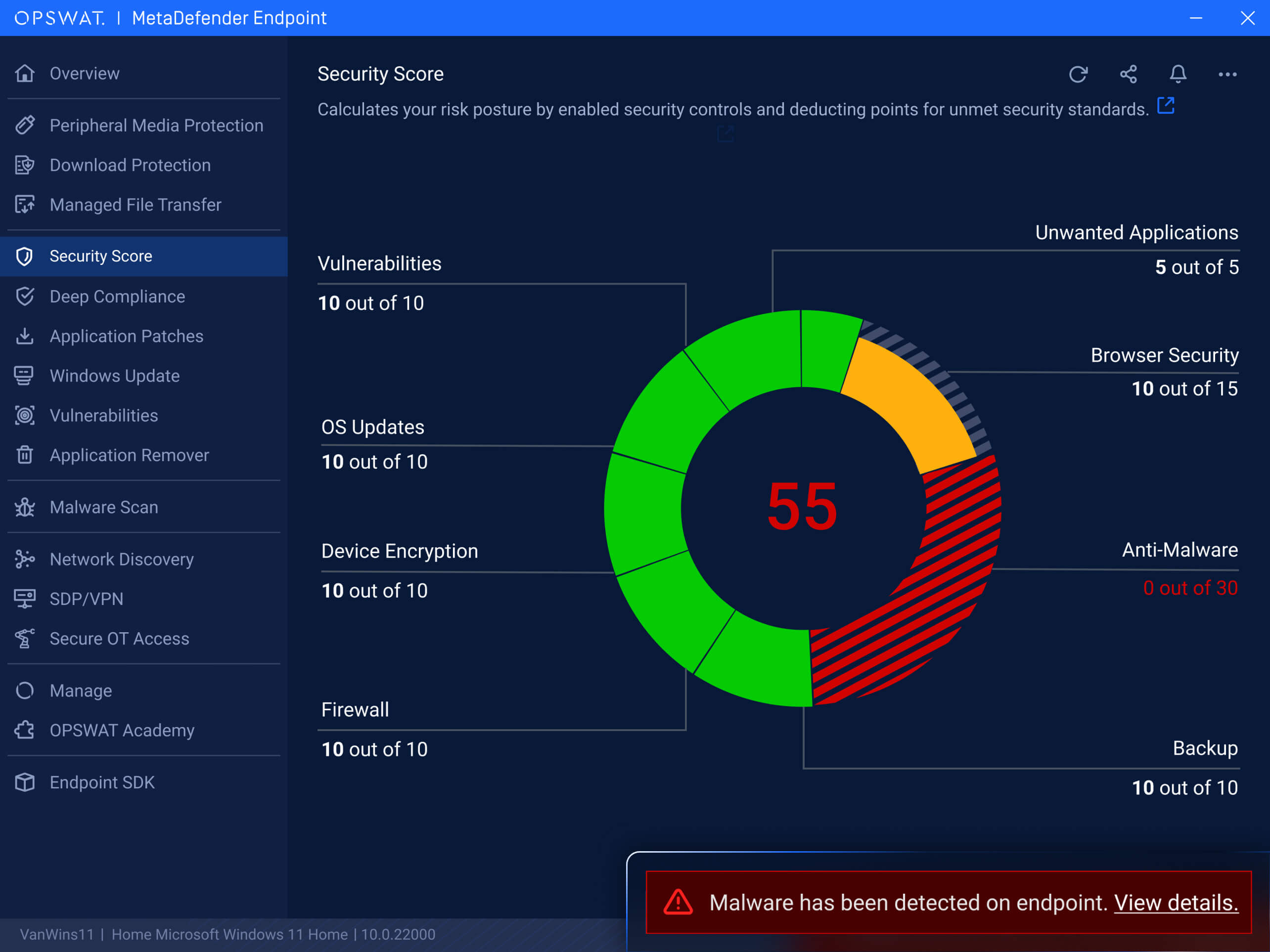 Anında bildirim özelliğini gösteren MetaDefender Endpoint kötü amaçlı yazılım algılama uyarısı kullanıcı arayüzü