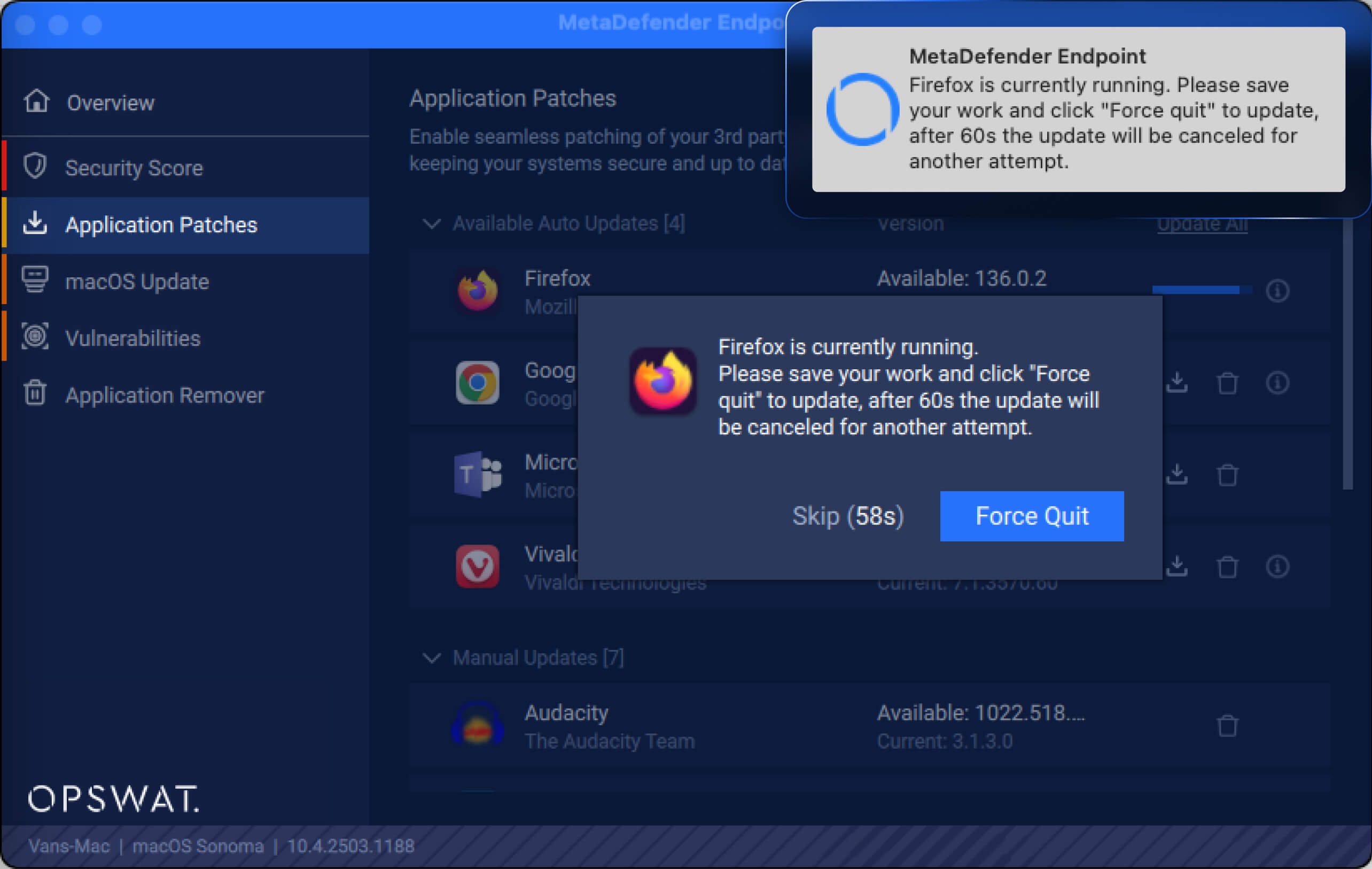 Yama öncesi güncelleme istemini gösteren MetaDefender Endpoint uygulama kapatma bildirimi kullanıcı arayüzü