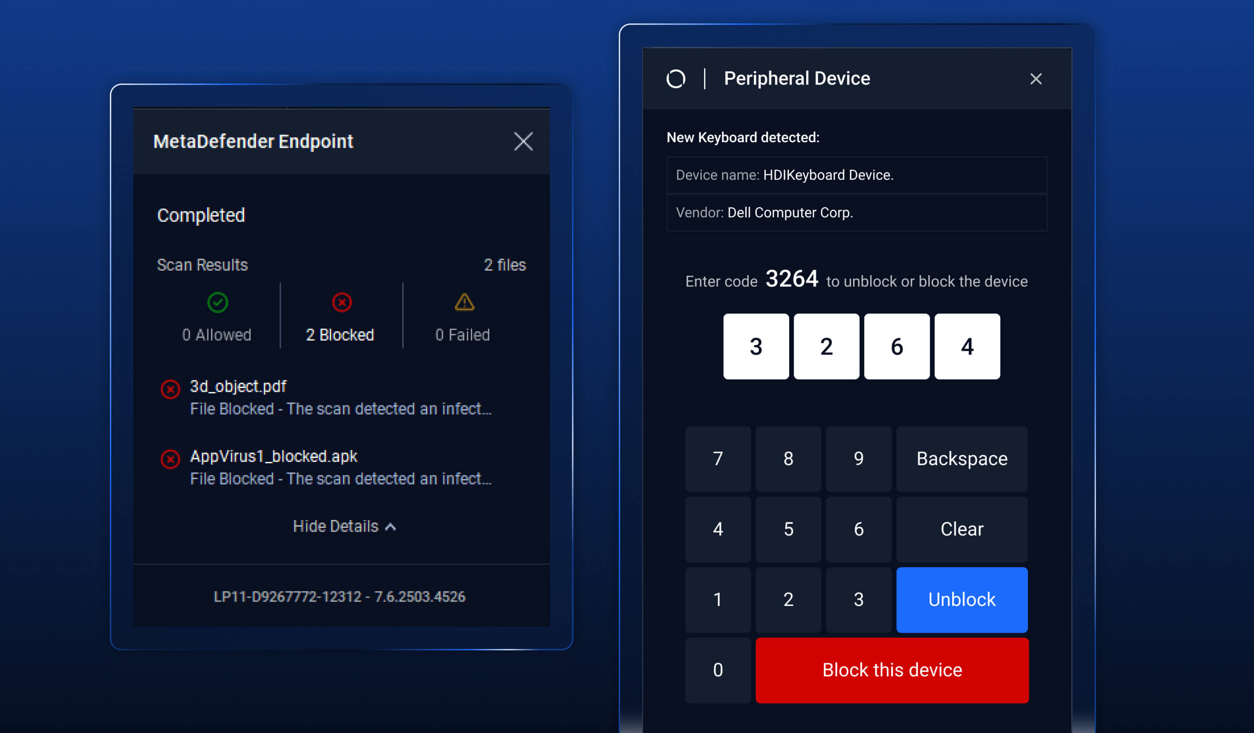 Cihaz ayrıntılarını ve BadUSB koruma zorluğunu gösteren MetaDefender Endpoint Validation UI