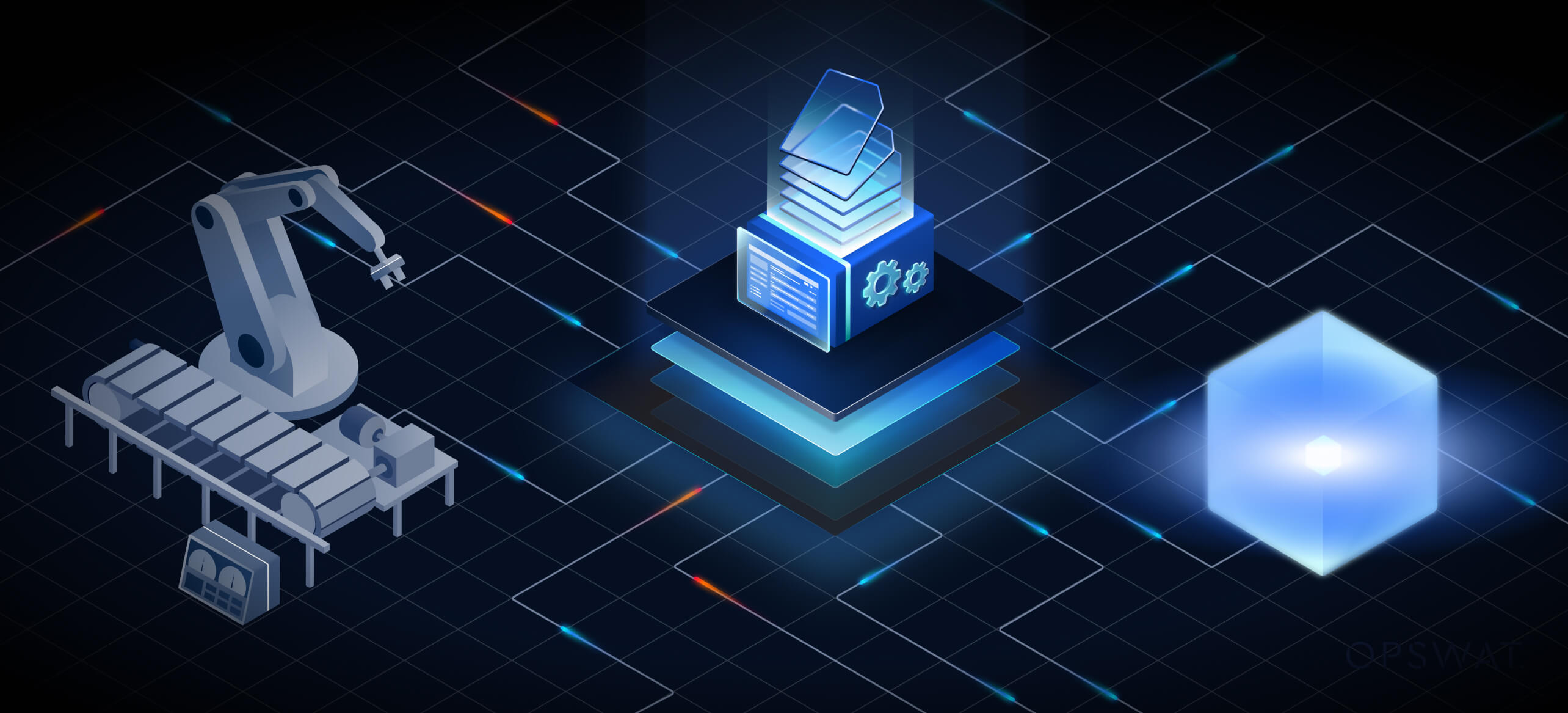 ロボットアームとデジタルデータレイヤーを使用したAI駆動型製造における安全な管理ファイル転送の図解