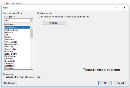 DDE Attack Method Field Dialog Box - Formula