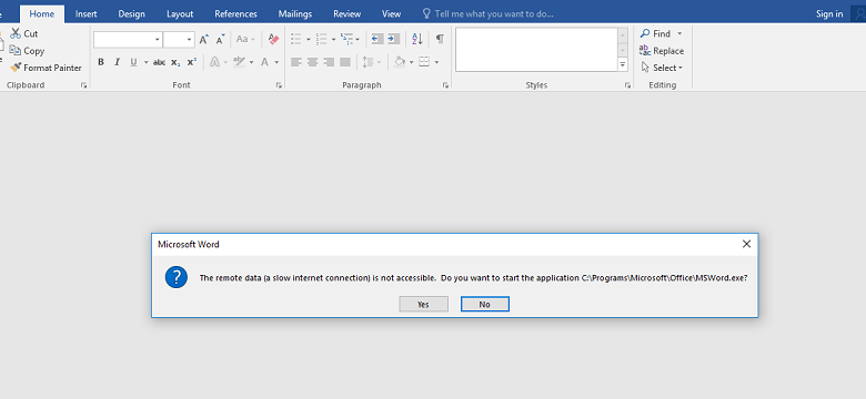 Microsoft Word DDE Exploit Popup - Do you want to start the application