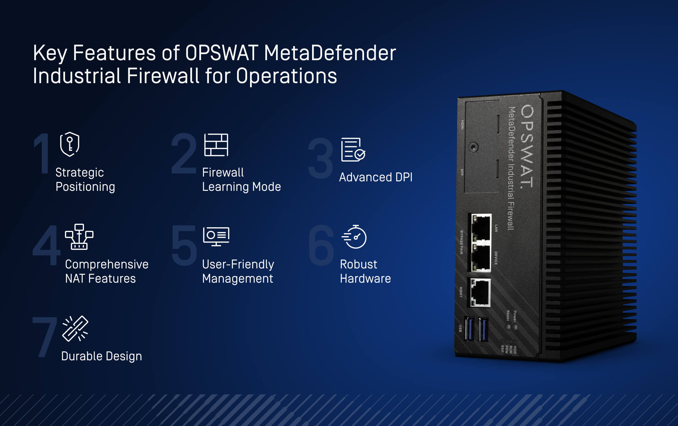 Các tính năng chính của OPSWAT MetaDefender Tường lửa công nghiệp hiển thị trên đồ họa với thiết bị