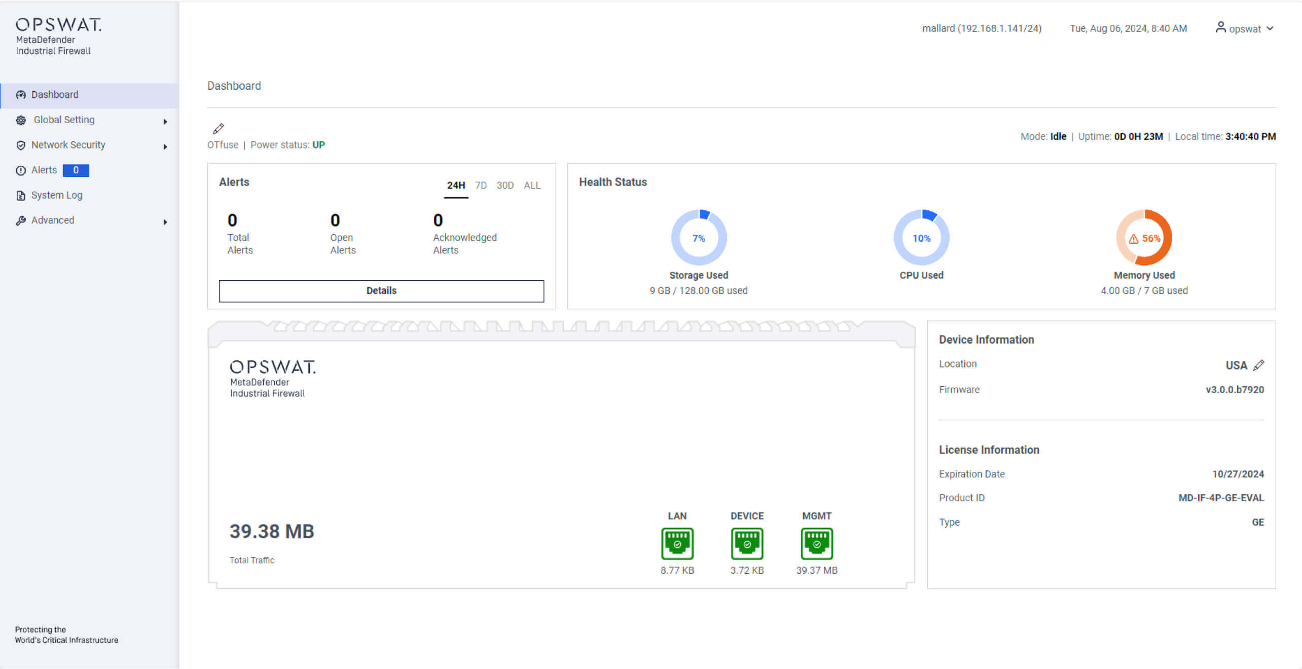 OPSWAT MetaDefender Bảng điều khiển tường lửa công nghiệp hiển thị cảnh báo hệ thống và tình trạng sức khỏe
