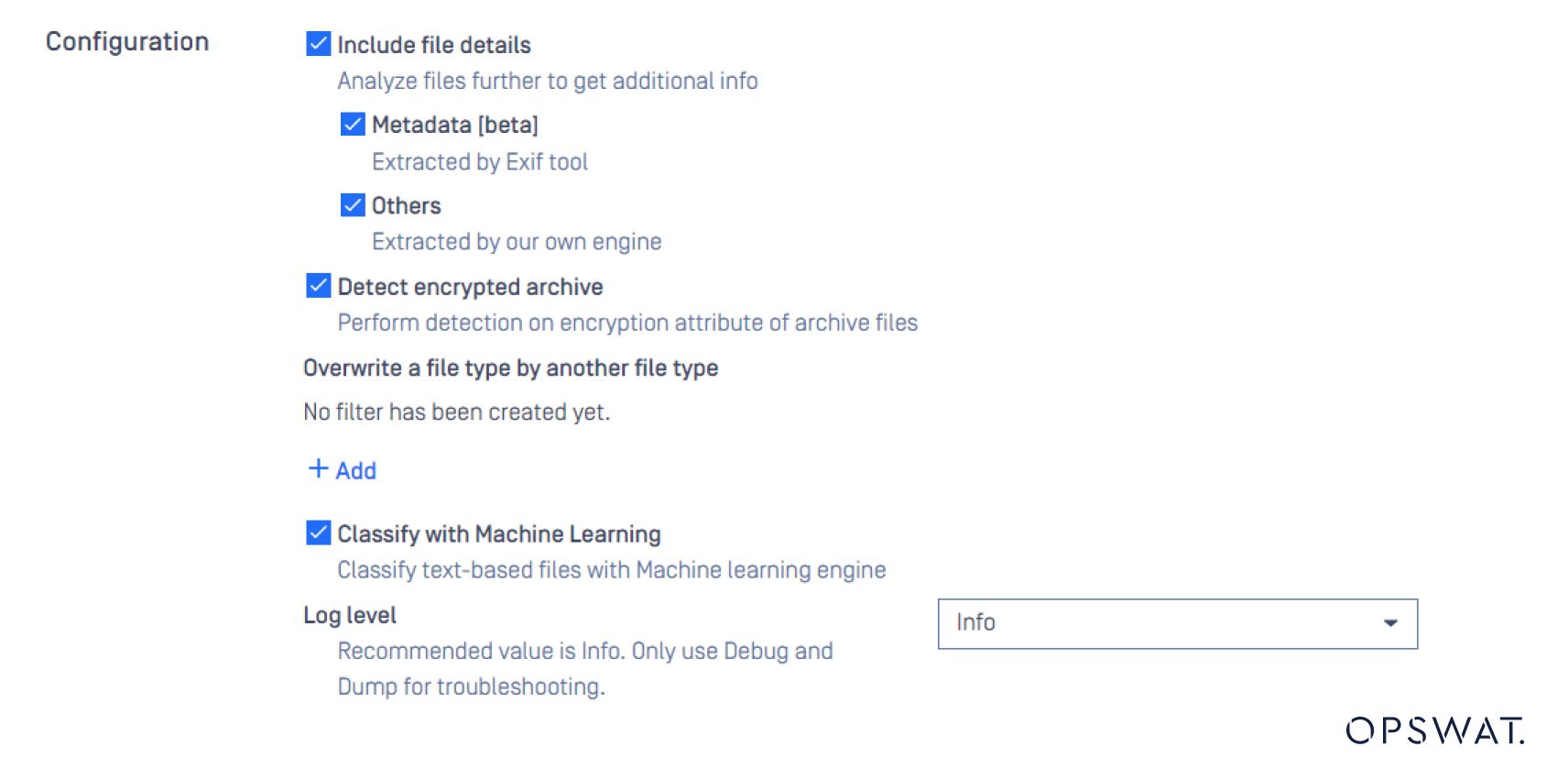 Configuration settings interface for text-based file type verification in MetaDefender Core