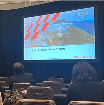 Hitachi Energy projector slide titled 1 scan + 8 engines = fewer problems