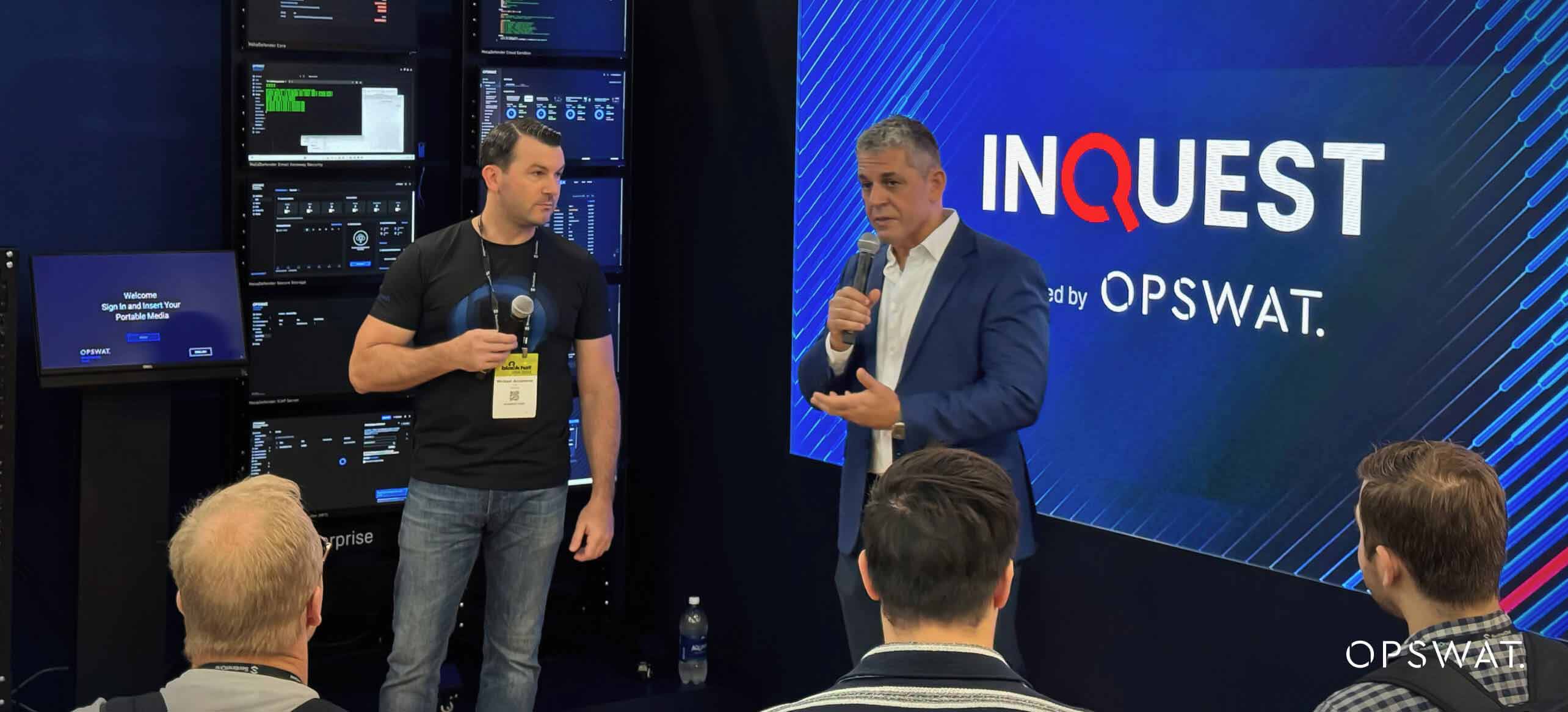 Two speakers presenting at an OPSWAT-hosted event, with the INQUEST logo in the background