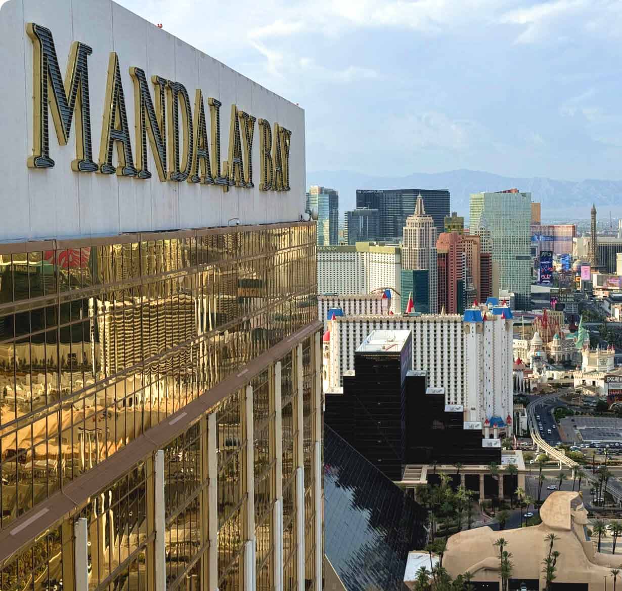 Mandalay Bay hotel exterior with a view of the Las Vegas skyline